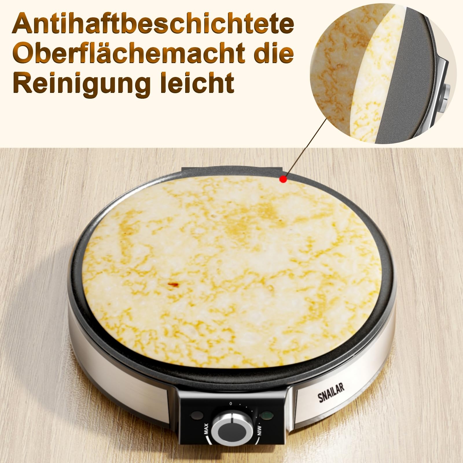Electric pancake pan, 1200 W pancake pan without glue for home, temperature control, stainless steel - easy to clean and includes dough divider and spatula