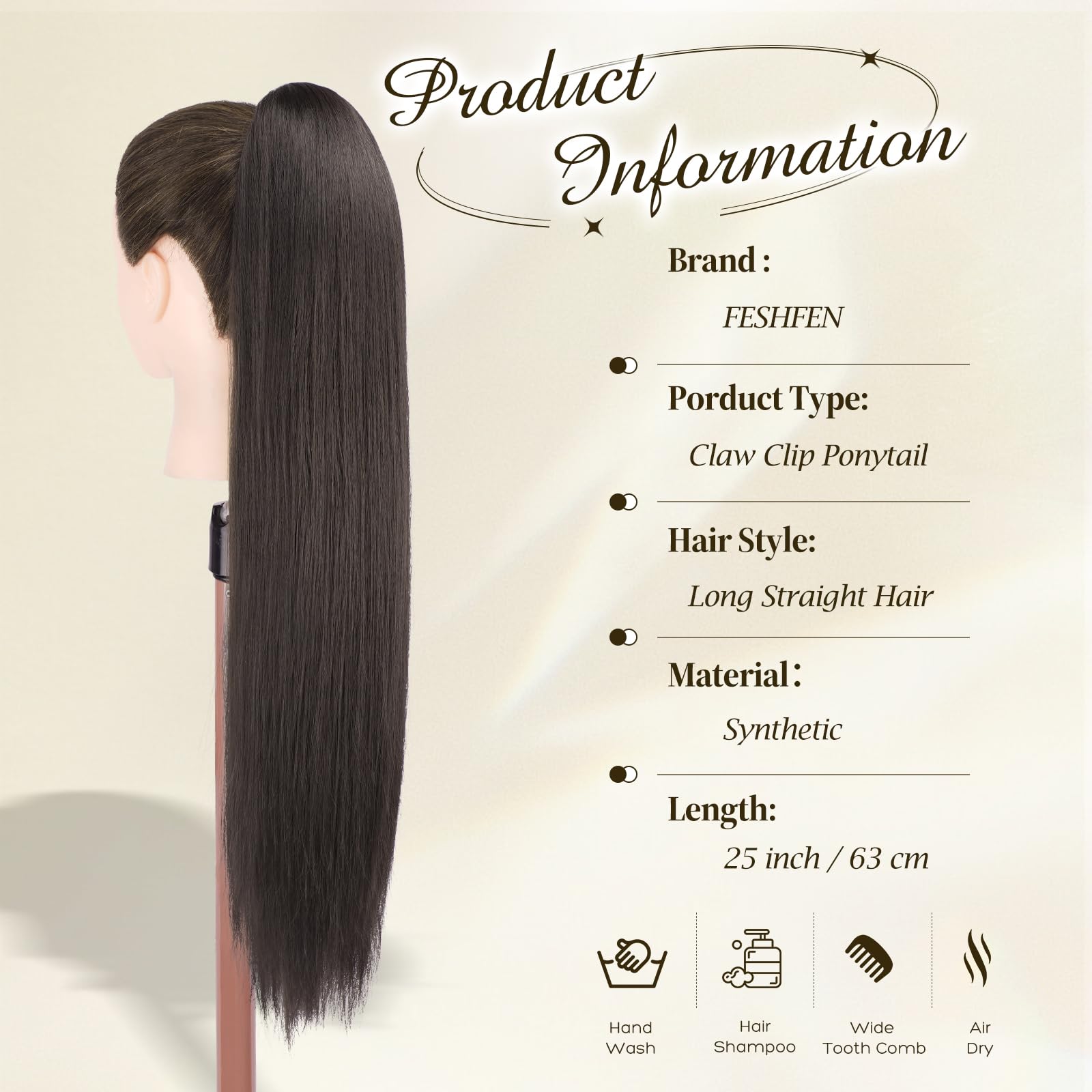FESHFEN Coda Capelli Lisci Extension con Pinza - Lunghi Dritto Liscia Coda Finta Capelli Marrone Scuro Sintetici Posticci Ponytail Extensions Coda di Cavallo per Donna, 63 cm