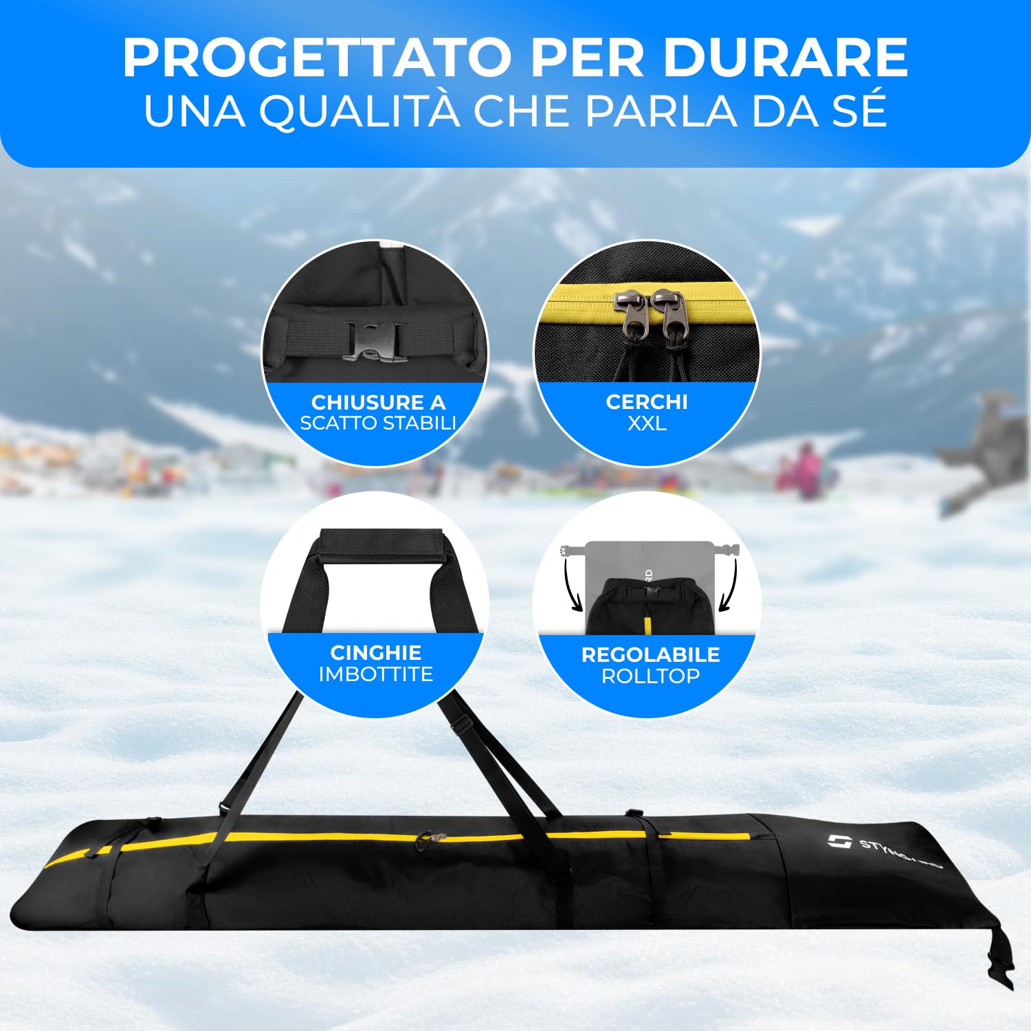 STYNGARD Sacca porta sci con chiusura a rotolo [140 cm - 200 cm] - Borsa sci in materiale resistente con cerniere di alta qualità - Modello Helsinki
