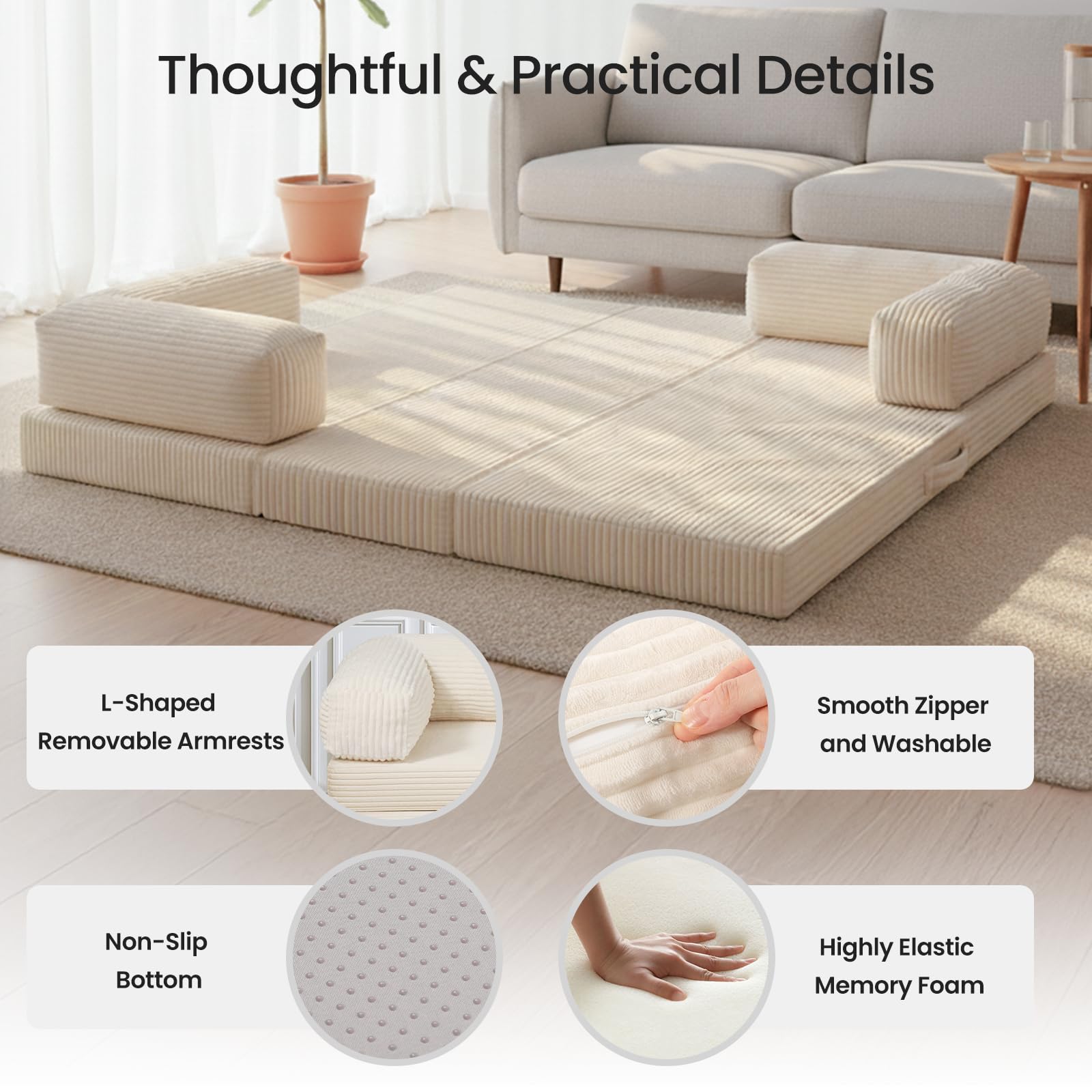 Tri-Fold Foldable Mattress, Convertible Folding Sofa Bed with Removable Arms & Washable Cover, All-in-One Portable Mattress Floor Sofa Bed, No Assembly Required & Non-Slip, Full Size, Beige
