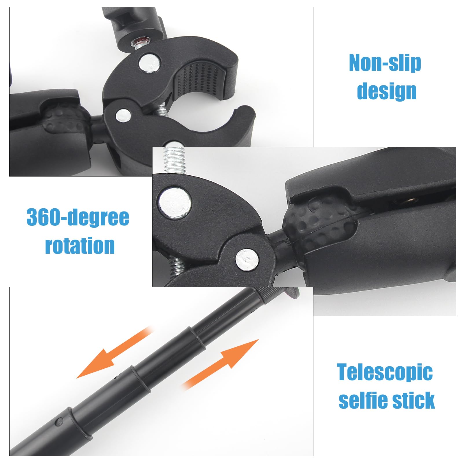 Soporte de Cámara Accesorio para Insta360 x5x4X3X2 Kit de Moto para Rotación de 360 Grados Doble Abrazadera Doble Estabilidad Soporte de Moto（120 cm con Palo Selfie）