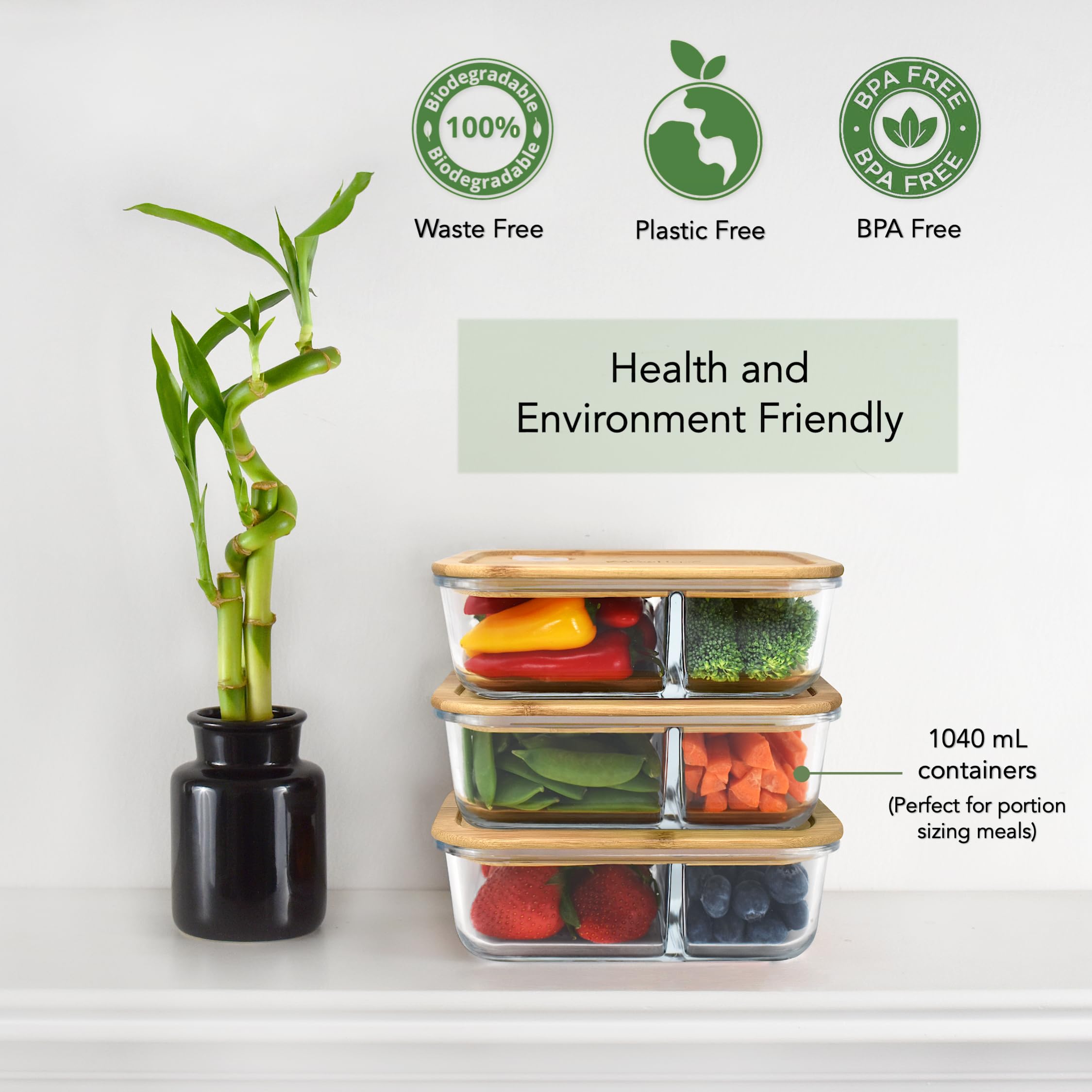 EcoPreps Szklane pojemniki do przygotowywania posiłków z bambusowymi pokrywkami, 2 przegródki szklane pojemniki Bento Box [3 sztuki] 100% bez plastiku, ekologiczne, szklane pojemniki do przechowywania