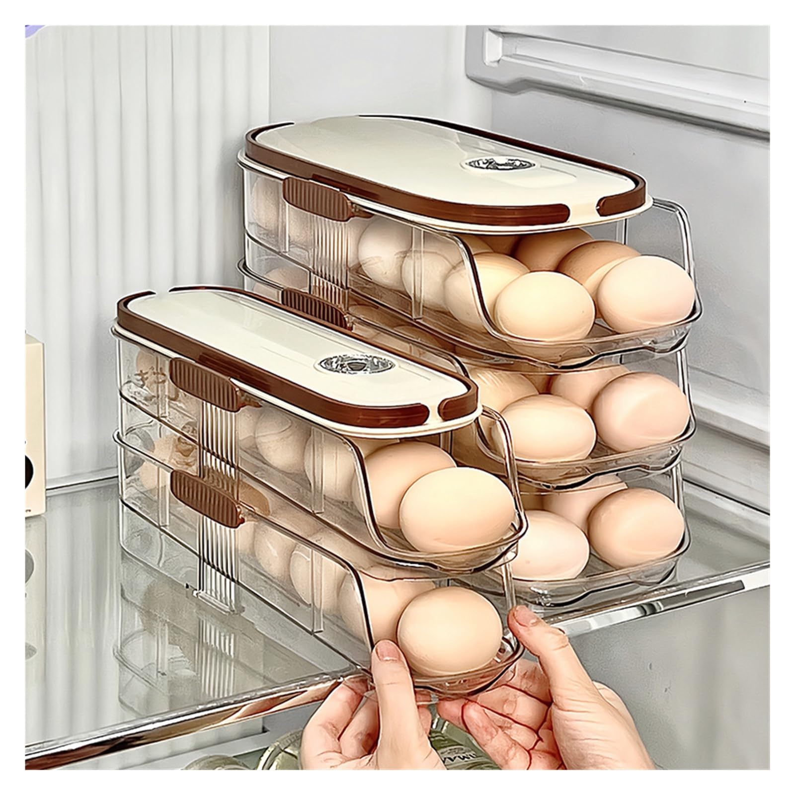 Boîte de rangement automatique pour œufs à roulettes pour congélateur, organiseur à main et porte latérale, porte-œufs avec tracker de fraîcheur (16-24 œufs) (M, 3 animaux)