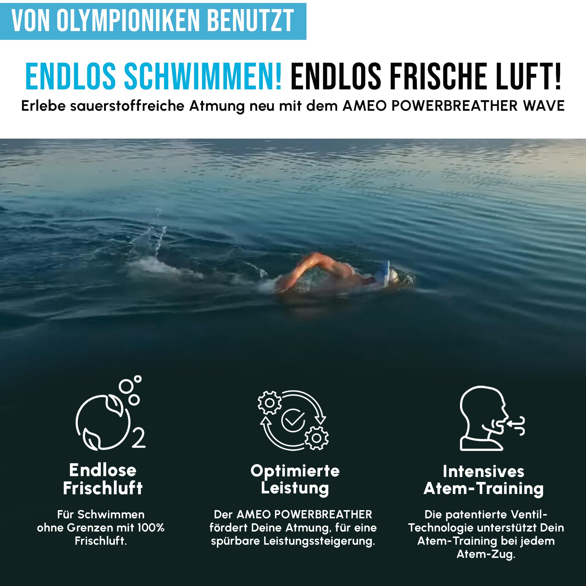 AMEO POWERBREATHER Super Beach - Tuba à air Frais & entraîneur respiratoire avec 100% d’air Frais - Kit de plongée pour Adultes et Enfants avec