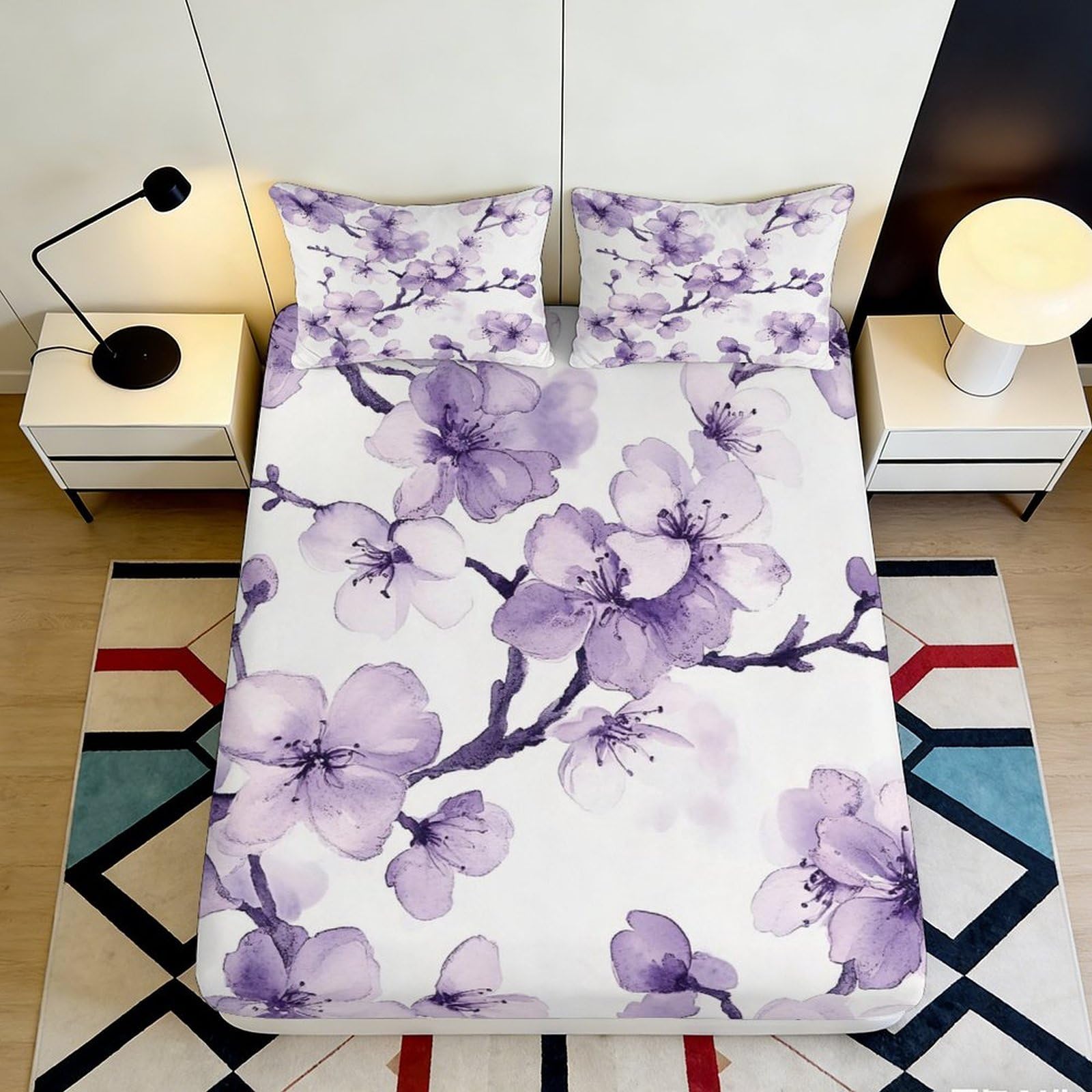 3D Printed Purple Cherry Blossom Fitted Sheet Microfiber Deep Pocket Non-Slip Bedroom Purple Blossom Mattress Fitted Cover 140x200x25cm
