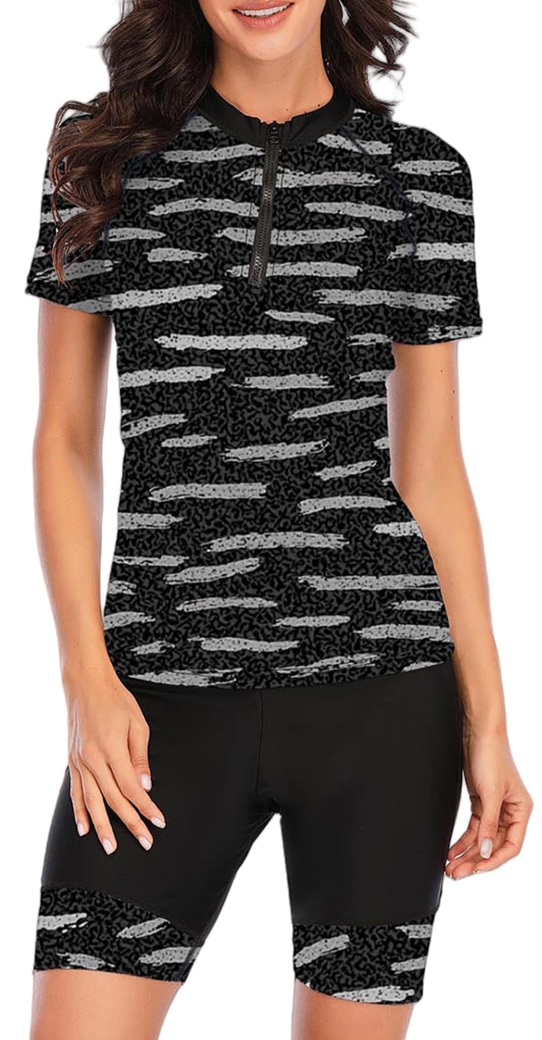 Costume da bagno da donna in due pezzi con protezione solare UPF 50+, stampa floreale, costume da bagno con pantaloncini corti