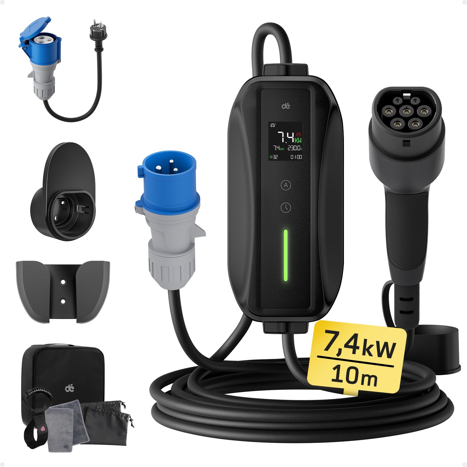 dé Ladekabel Typ 2 CEE Stecker 7,4kW [1-phasig|10m|6-32A] mit Einstellbarer Ladeleistung, EV-Ladegerät und Mobile Ladestation/Wallbox für ID.3, ID.4, ID.5, Model Y / 3, e-up, e-tron, Zoe und andere EV