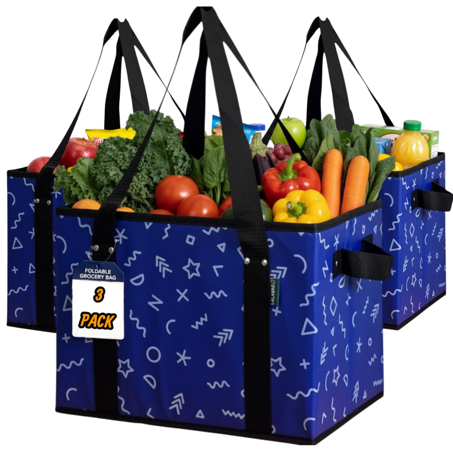 Reusable Grocery Bags (3 Pack) - Heavy Duty Foldable Tote Bags with Long Handles & Hard Bottom - Large Reusable Shopping Bags, Box-Shaped Grocery Totes Hold Up to 65 lbs, Stand Up & Fold Flat