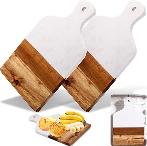FillTouch Tabla de cortar de 2 piezas de mármol y madera de acacia, tabla de cortar de embutidos con mango de madera y mármol para queso, carne,