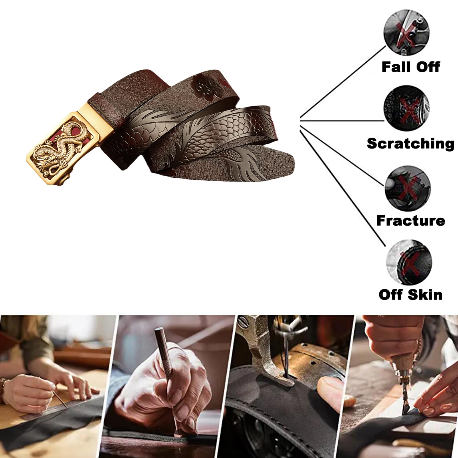 Cinturón De Trinquete Deslizante - Hebilla Automática Con Grabado Dragón, Ajustable, Estilo Clásico Y Moda