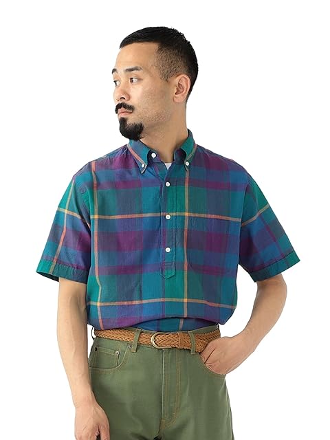 Indian Madras Short Sleeve Popover Button Down Shirt 38-01-0012-139 38010012139: Blue Indian Madras Short Sleeve Popover Button Down Shirt 38-01-0012-139 38010012139: Blue