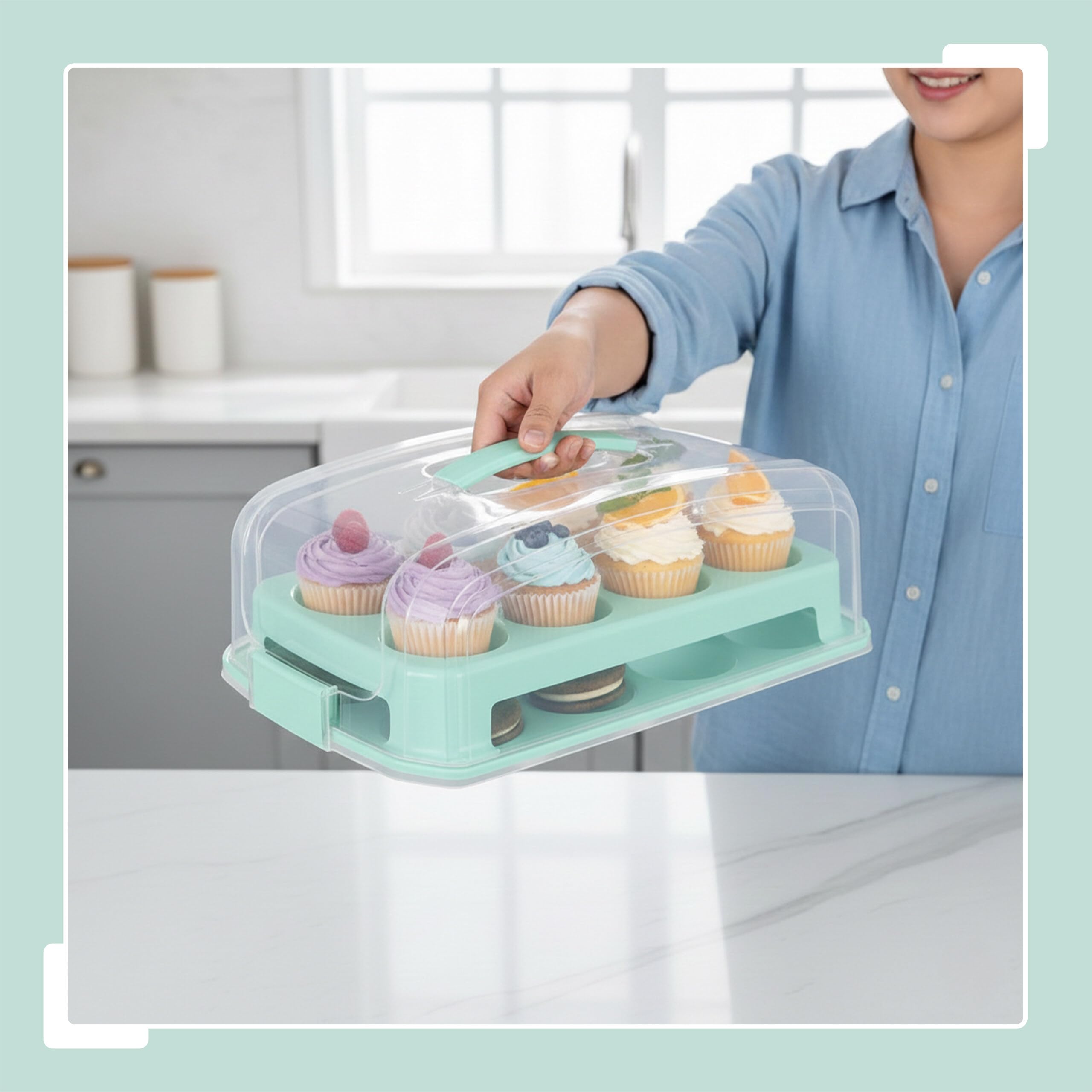 Relaxdays Contenitore Porta Muffin con Coperchio Trasparente, 24 Cupcake Dolci, Plastica, HLP: 16x37,5x28,5 cm, Turchese