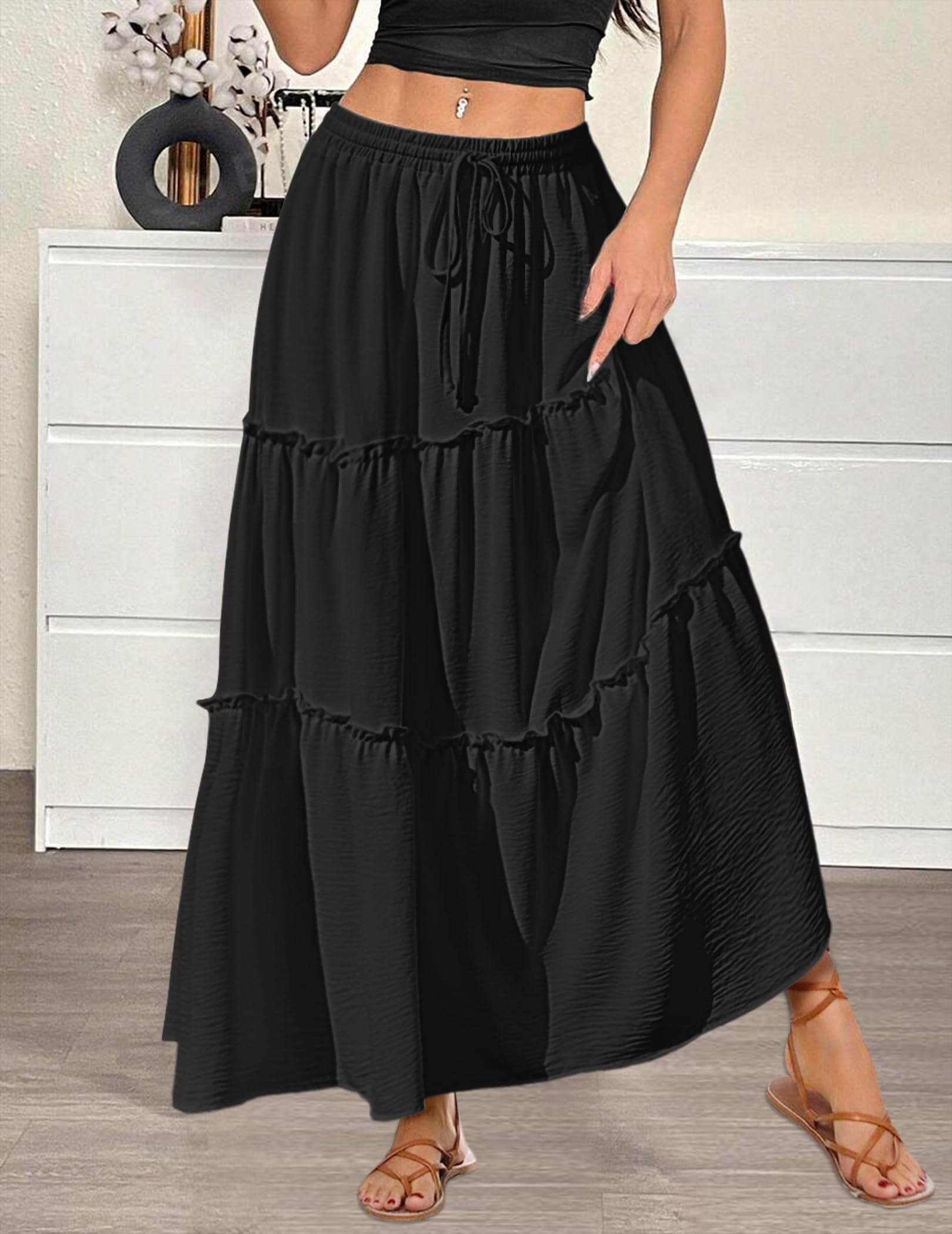 Hotouch Jupe Longue Femme Ete Élégante Jupes Élastique Taille Haute Jupe A-Ligne Casual Jupe Vacances Plage Jupes Femme avec Poches
