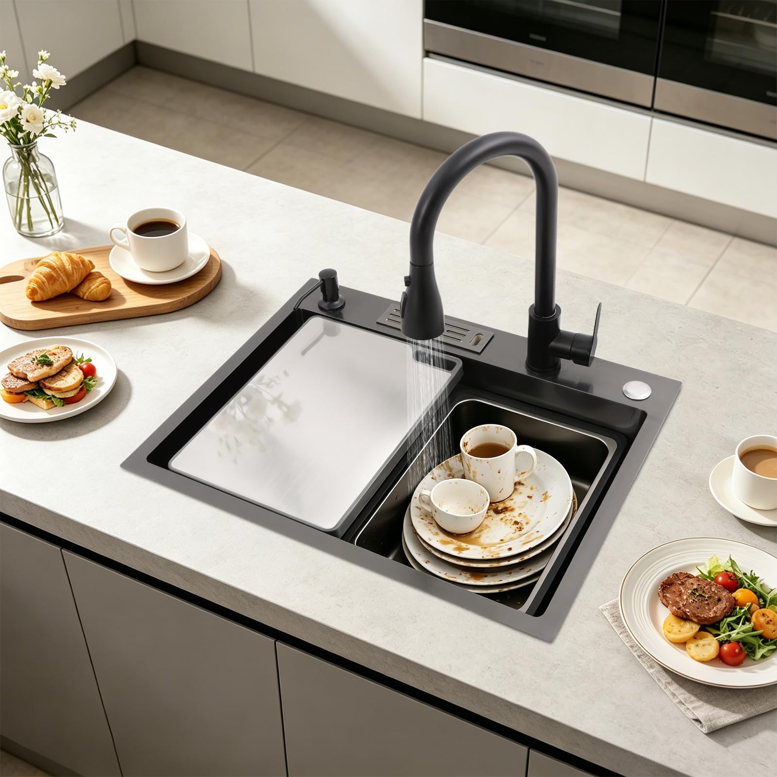 Fregadero de acero inoxidable 60 x 45 cm negro con grifo extraíble | 1 platillo, montaje empotrado, incluye tabla de cortar, lavabo interior, tubo de drenaje y dispensador de jabón