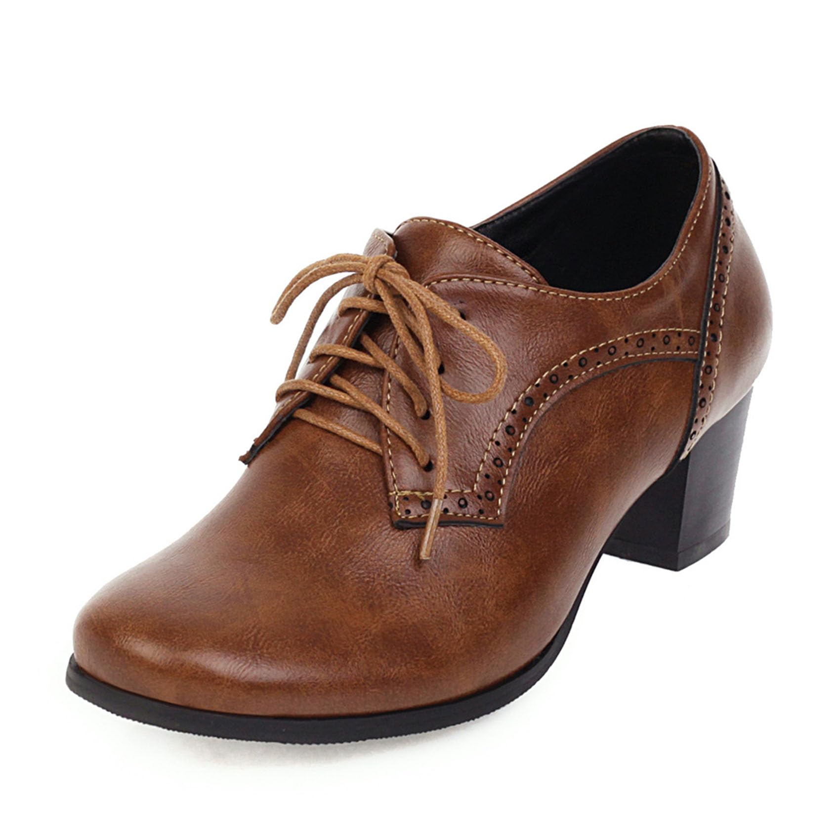 SHEMEE Womens Chunky Mid Heels Oxfords Vintage Round Square Toe Block Heeled Brogues Lace Up Work Offic Dress