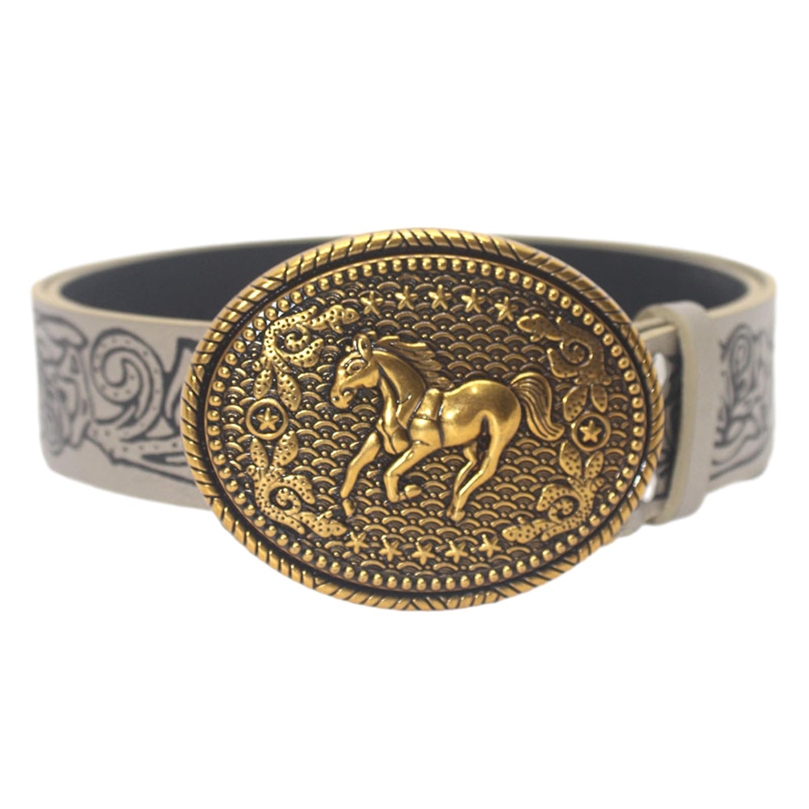 Wayfadacc Vintage Horse Pattern Buckle Waist Belt Western Cowgirl Floral Engraved PU Faux Leather Waistband for Women Jeans