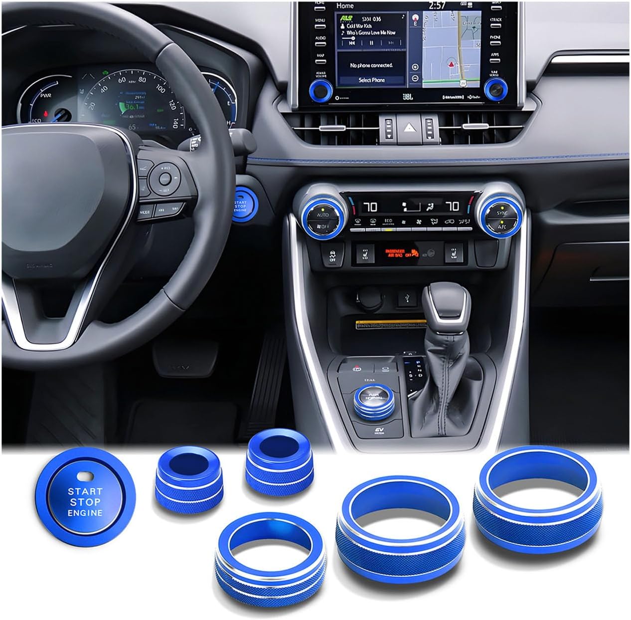 for Toyota RAV4 Hybrid/Plug-in Hybrid Accessories 2019 2020 2021 2022 2023 2024 2025, 7-Piece Aluminum Alloy Knob Cover Trim Kit - Push Start Button, AC, Volume & Drive Mode (Bling)