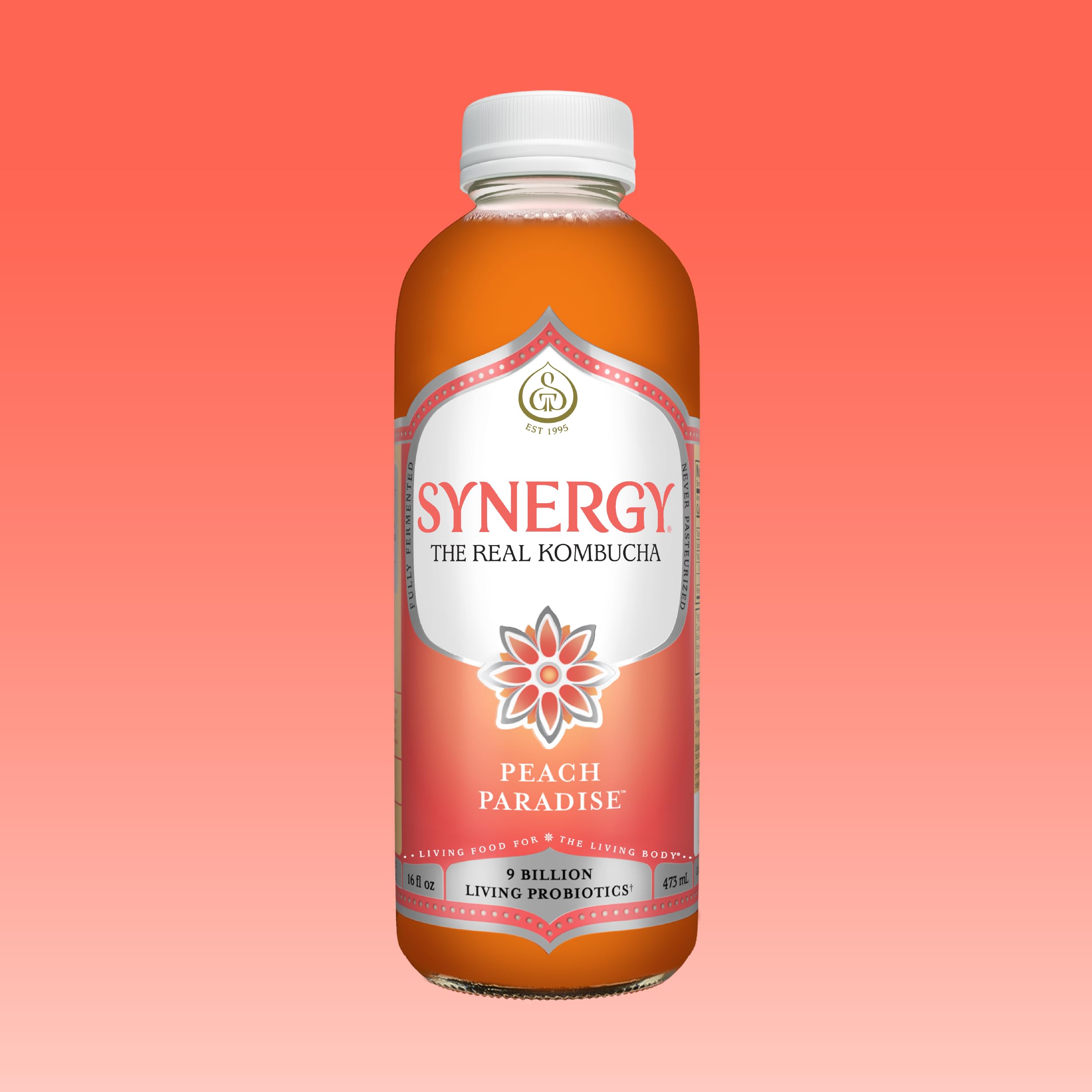 SYNERGY The Real Kombucha - Peach Paradise - 16 fl oz Bottle - Raw Probiotic Drink for Gut Health and Immune Support