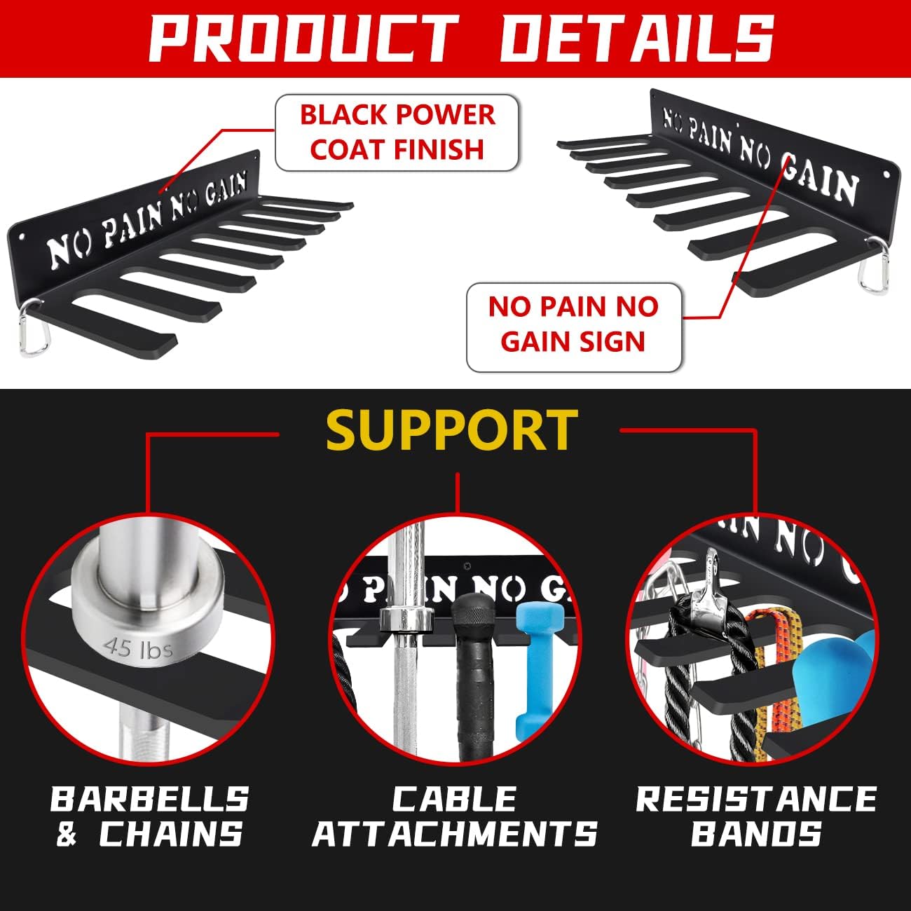 Gym Home Rack 8 Hook Heavy-Duty Wall-mounted Organizer Multi-Purpose Workout Gear Wall Hanger Storage for Resistance Bands, Jump Ropes, Lifting Belt, Fitness Bands, Barbells Carabiners Included : Sports & Outdoors