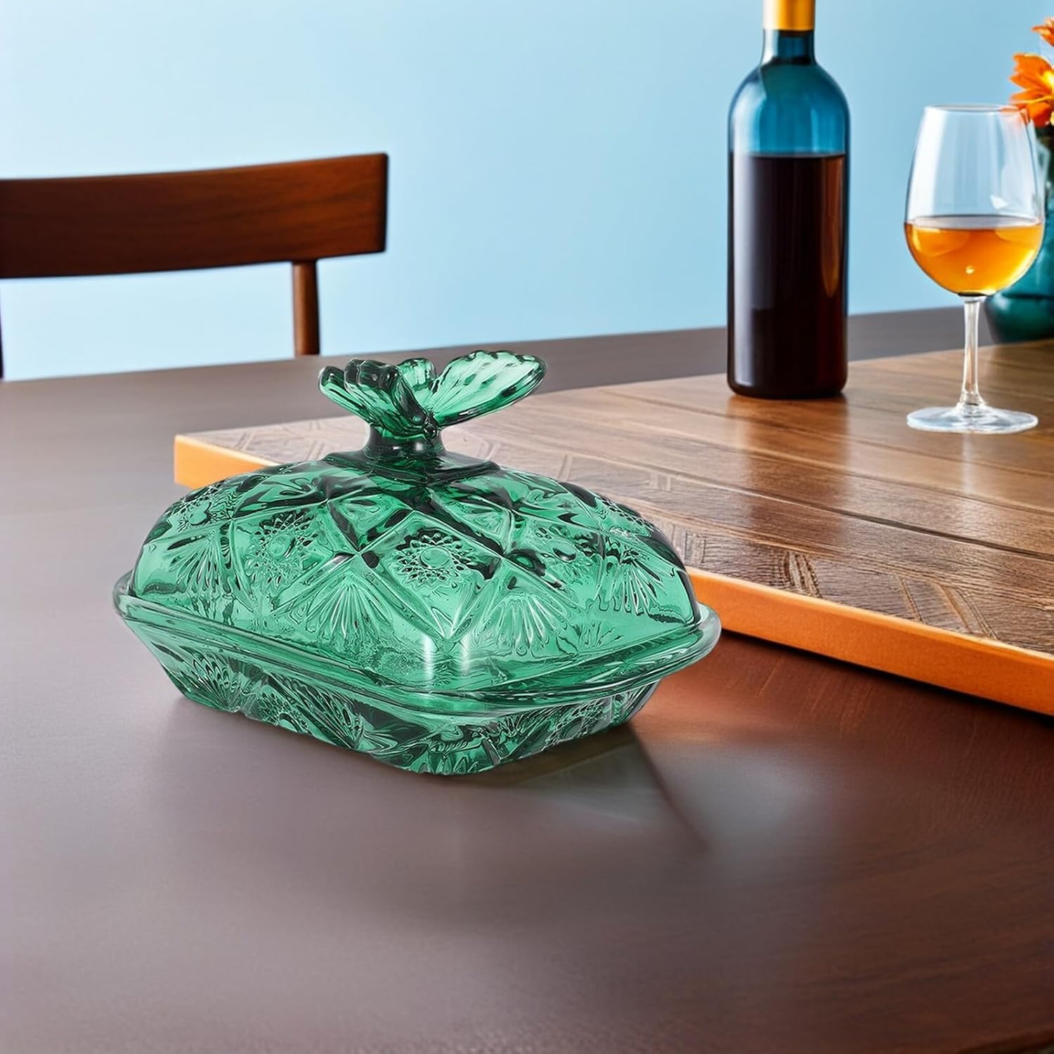 NUOBESTY Glass Covered Butter Dish with Lid and Knife Vintage Green Ribbon Design Airtight Glass Butter Tray for Refrigerator and Countertop Storage and Party Serving