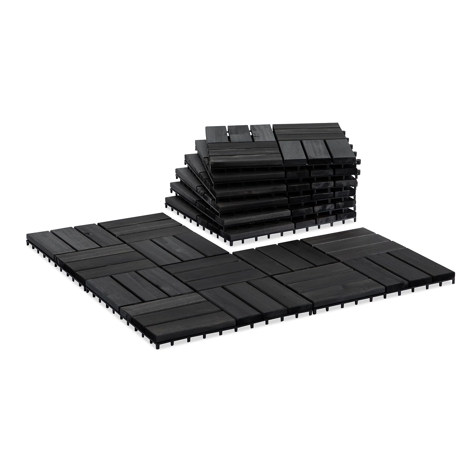 Acacia Wood Patio Deck Tiles-9 Pcs 12 Slats Interlocking Decking Tiles for Patio Decor, Waterproof Indoor & Outdoor Use, Balcony Garden Decking Tile (11.81x11.81x0.94 inches) Black
