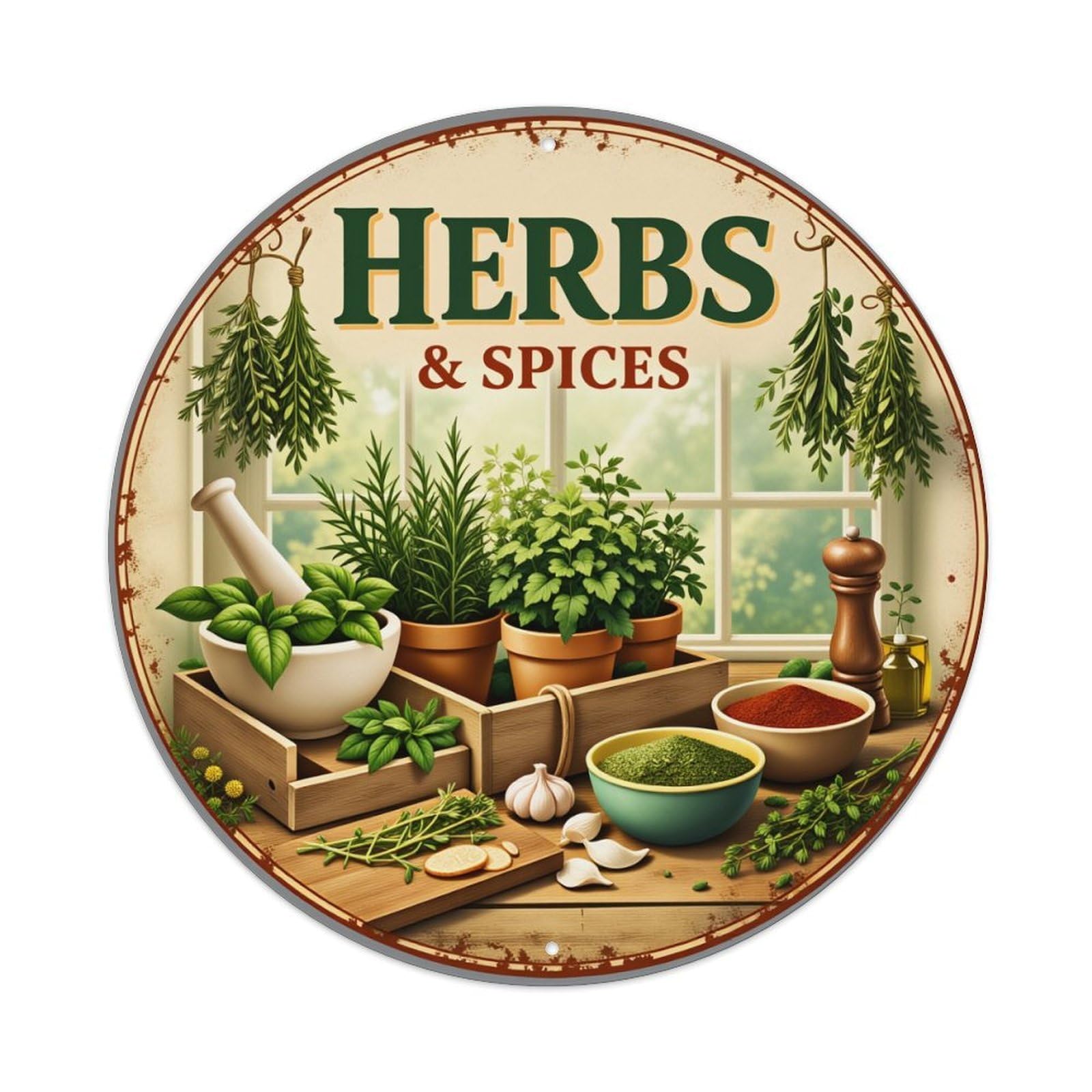 Herbs Spices Plants Pottery Window Metal Tin Sign Vintage Garden Bedroom Cafe Bar Man Cave Home Wall Decor Metal Poster 8x8 inches