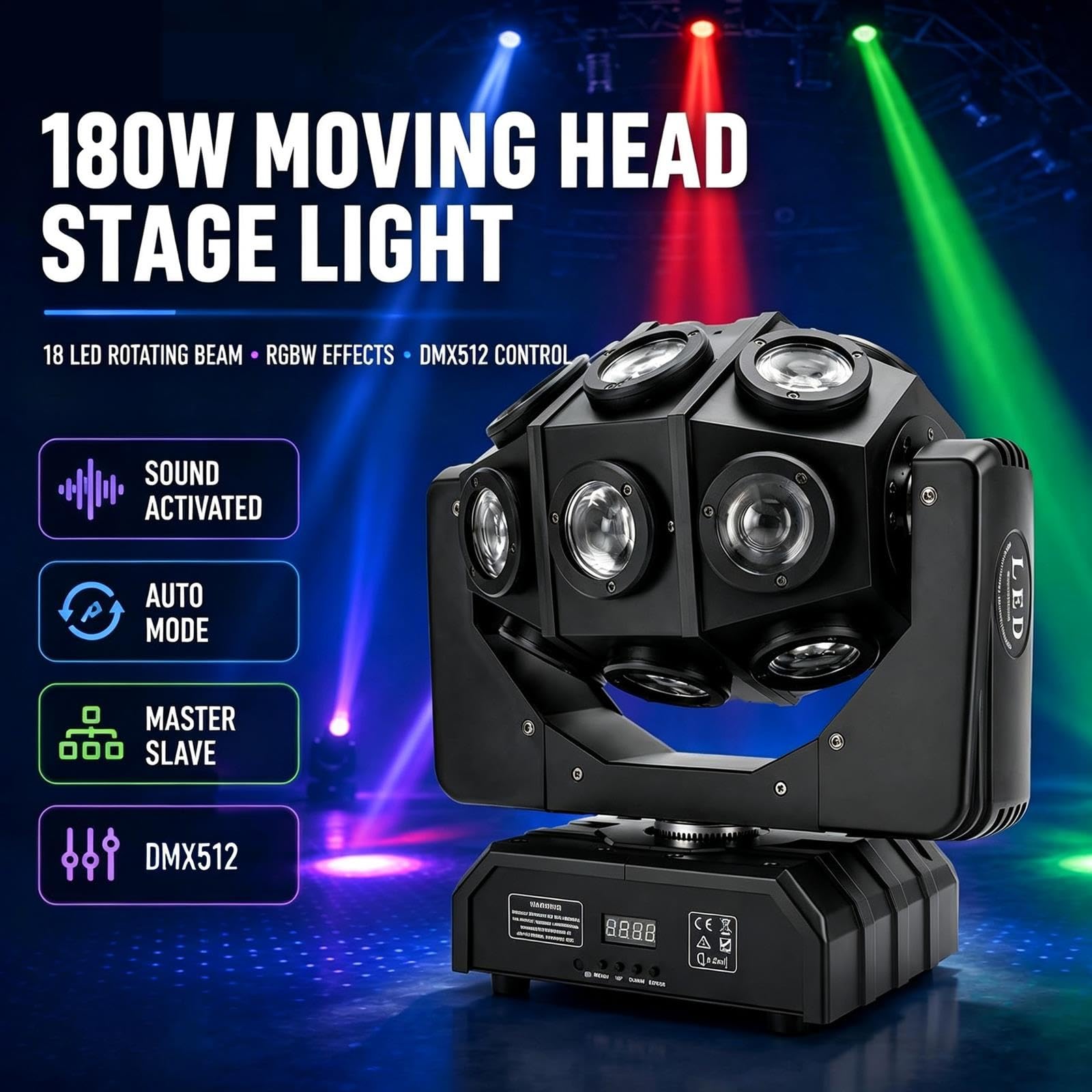 Pełnokolorowa ruchoma głowica RGB o mocy 180W,światło dyskotekowe 4 w 1