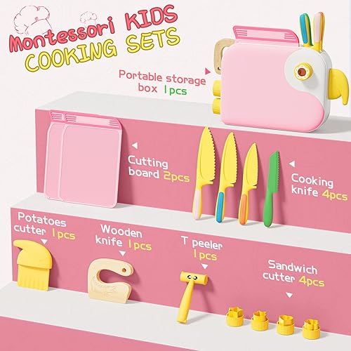 Miniatura 2 de Montessori Herramientas de cocina para niños pequeños, cuchillo para cocina real, juego de cuchillos para niños pequeños con caja de almacenamiento,