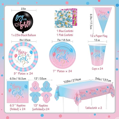 Miniatura 2 de Decoraciones de revelación de género, suministros de fiesta de baby shower, 124 piezas, platos de papel, vasos, servilletas, manteles, globo negro,