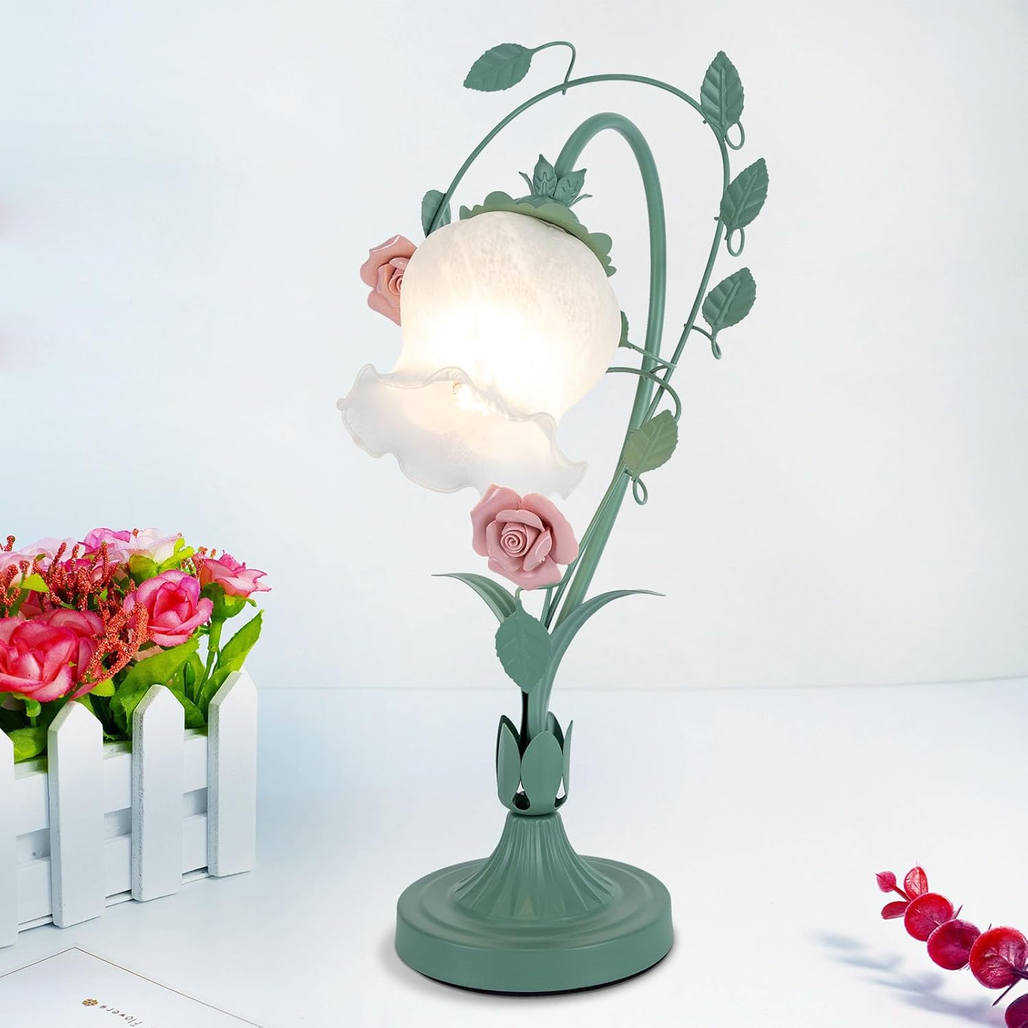 Flower Glass Table Lamp Vintage Bedside Nightstand Lamp with 5.12-Inch Wide, Glass Lampshade, Pad Base Rose Light for Bedroom Office Dresser, E26 Bulb Not Included (Green & Pink)