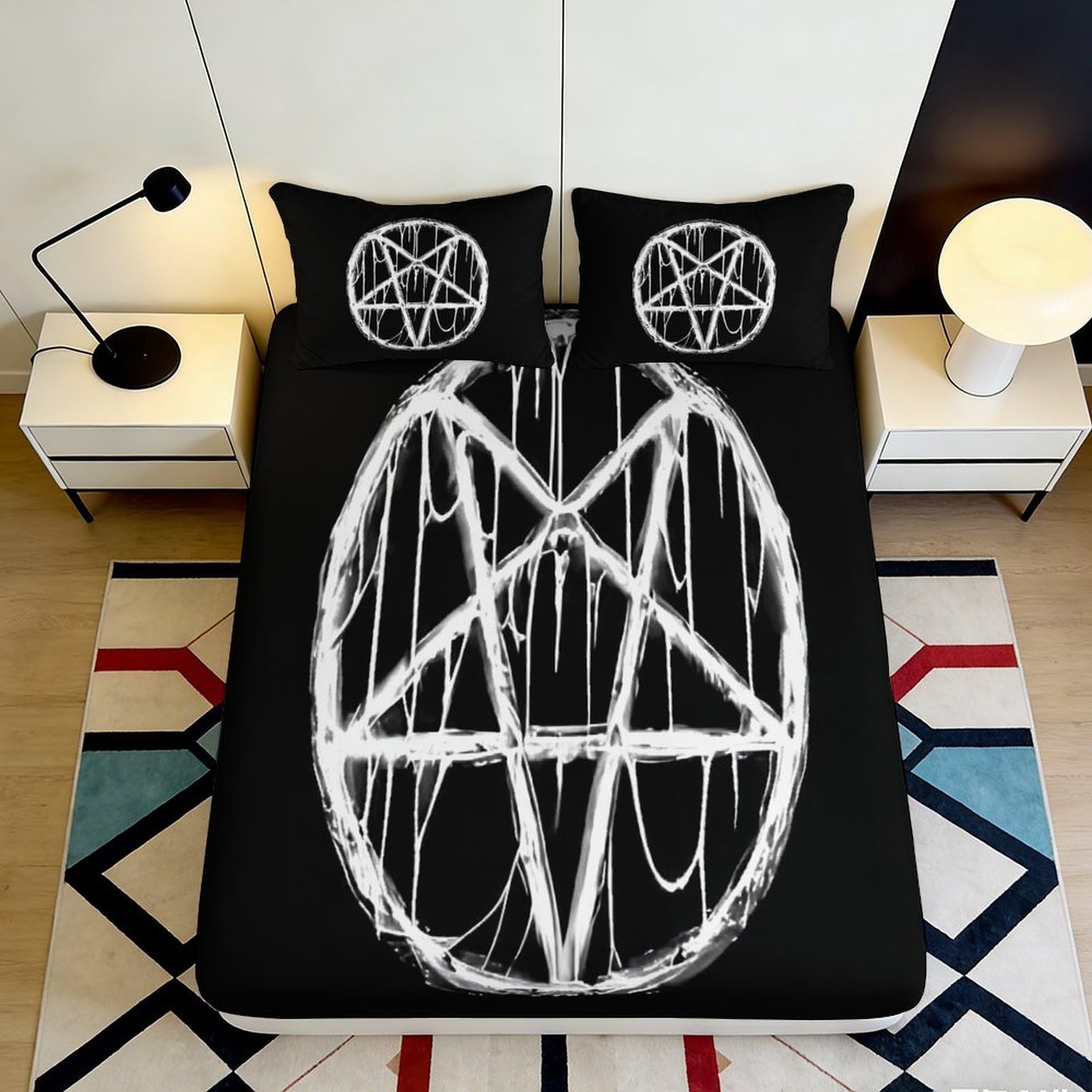3D Printed Black Pentagram Fitted Sheet Microfiber Soft Bedroom Decor Gothic Star Mattress Cover for Home 90x200x25cm