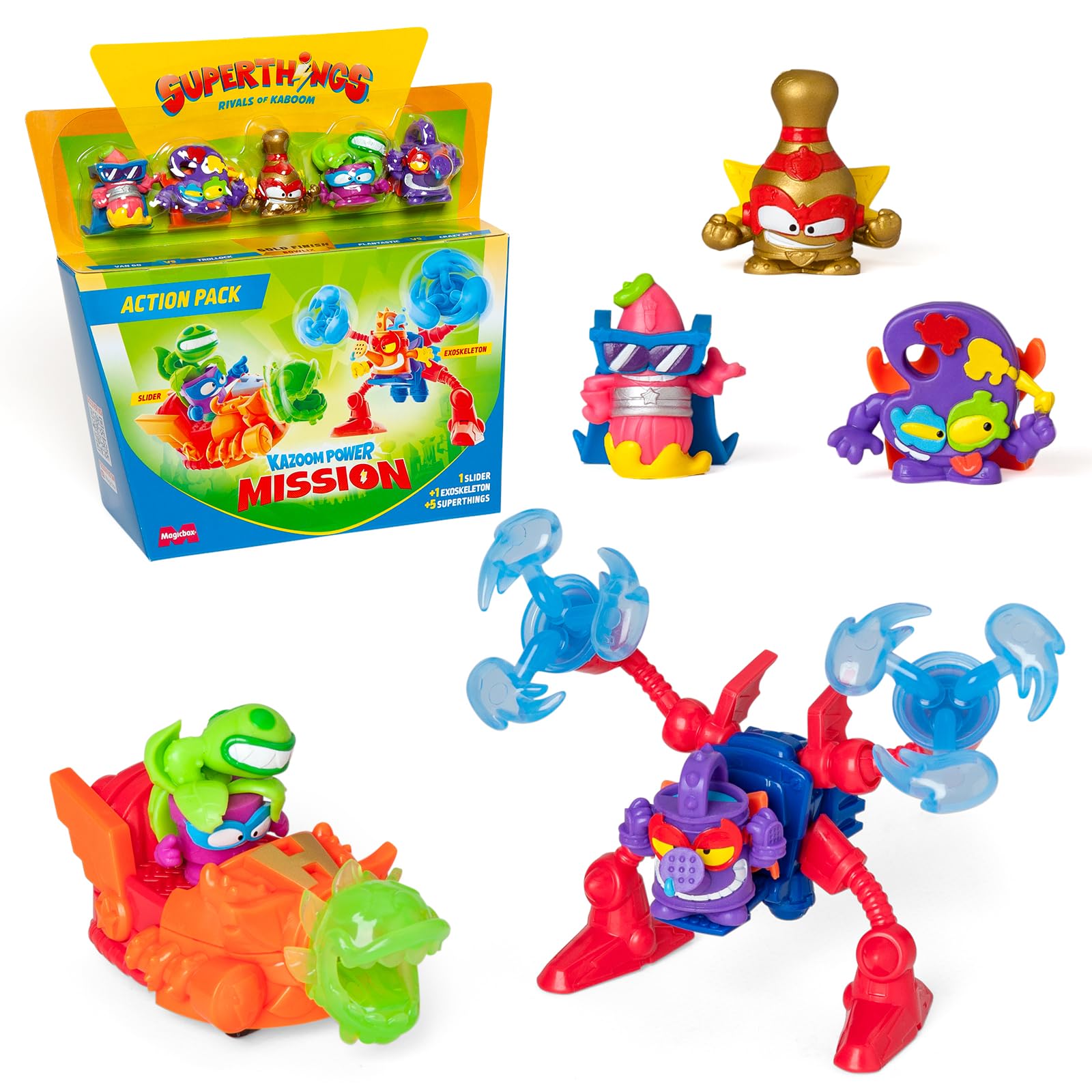 SUPERTHINGS KAZOOM Power Mission – Action Pack. Zestaw zawiera 5 figurek SuperThings (w tym 1 złoty SuperLider), 1 egzoszkielet, 1 slider – Zestaw 3 z 4