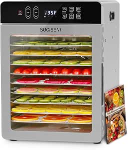 SUCISENI Food Dehydrator for Jerky, 10 Stainless Steel Trays, 1000W, 24H Timer, 195°F Temperature Control