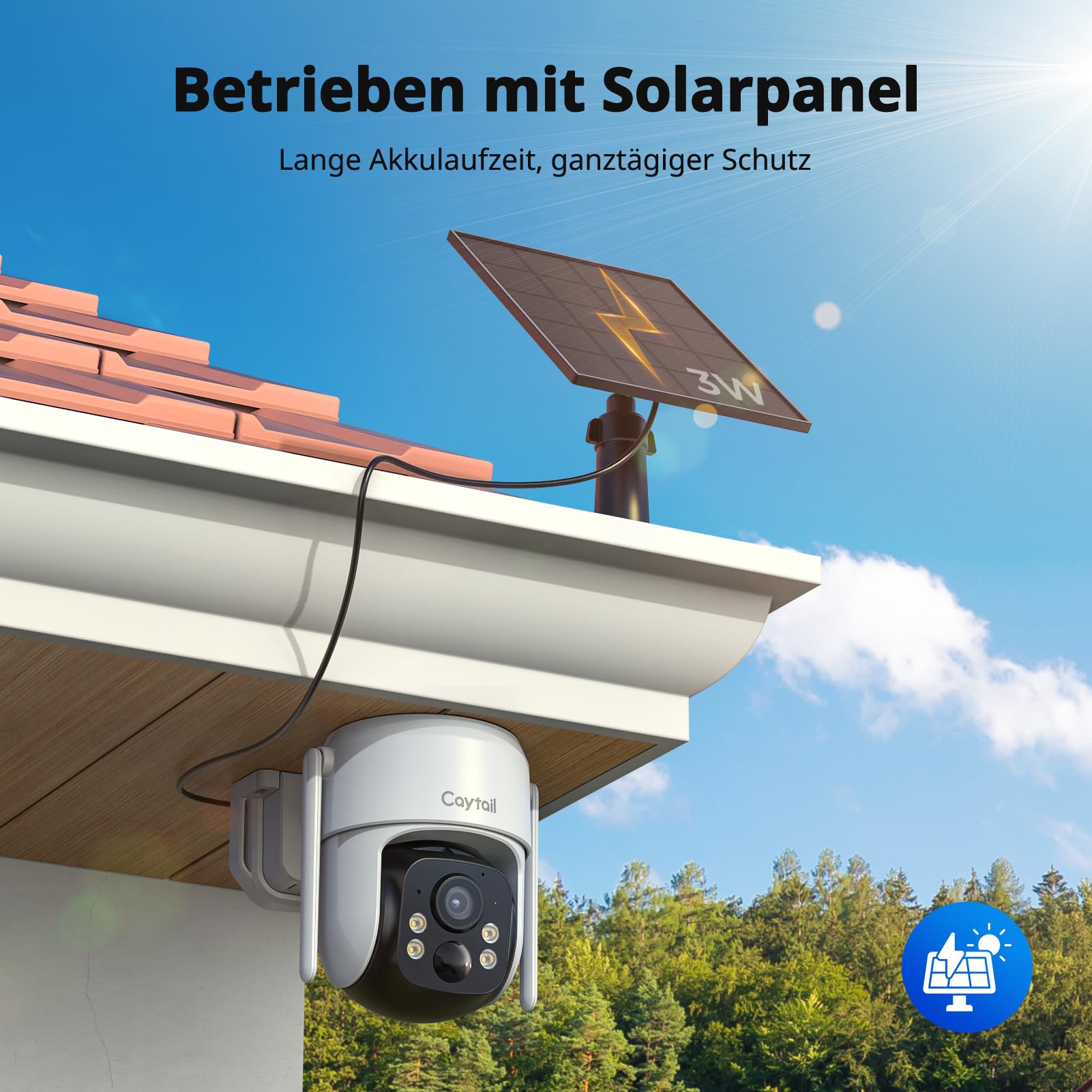 2K Überwachungskamera Aussen Akku Solar, 360° PTZ Überwachungskamera Outdoor Kabellos mit Solarpanel, 3MP Farbnachtsicht, 2-Wege-Audio, PIR Bewegungsmelder