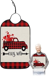 BOBOWUNY Valentine Truck Adult Bibs for Elder Women Men Eating, Love Heart Black Red Checkered Waterproof & Washable Bibs for Eating Clothing Protector Dining Bibs for Crumb Catcher