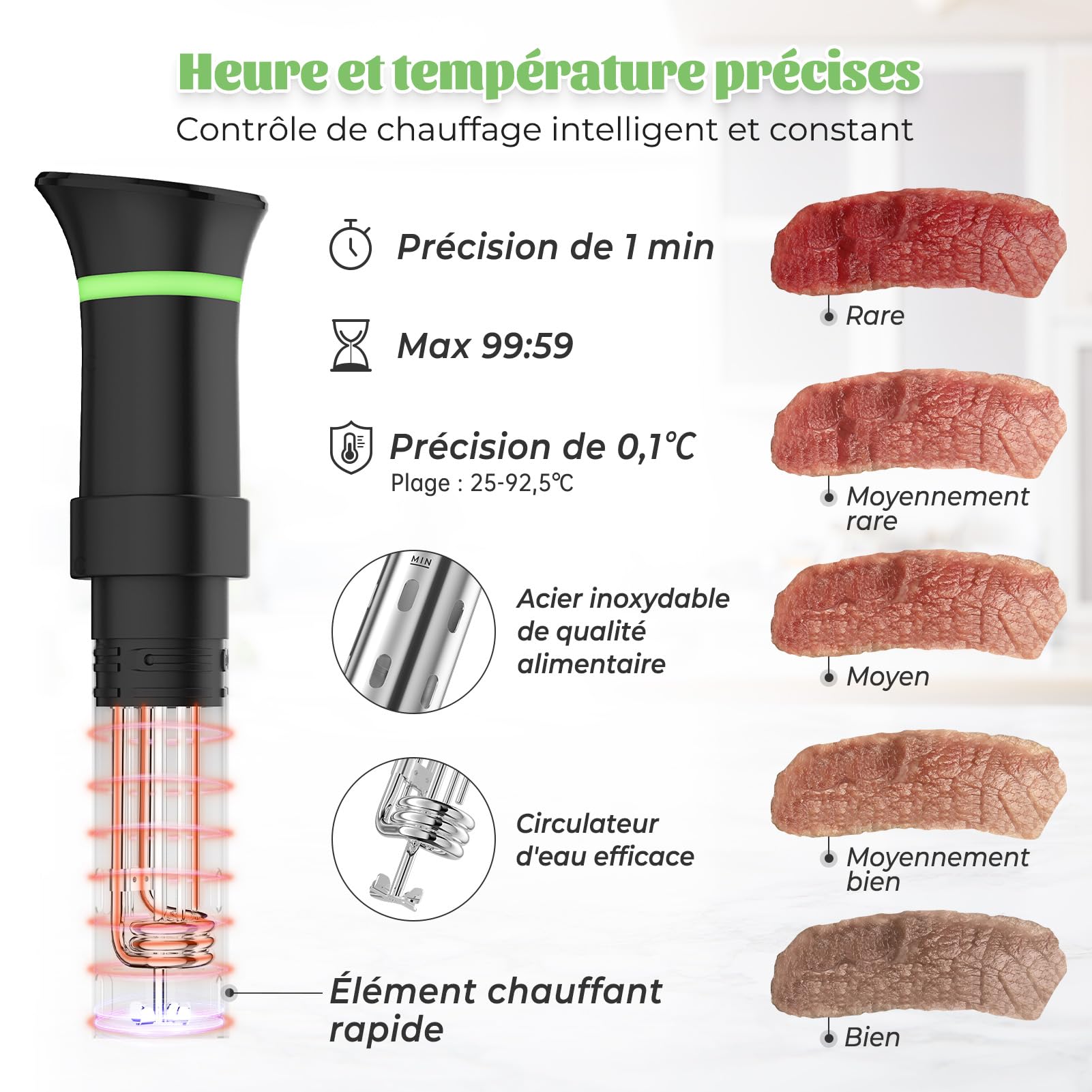 Thermoplongeur Sous Vide Cuiseur Sous Vide 1000W Calculateur dImmersion Cuisinière Thermostat Réglable Contrôle Précis de la Température pour Viande Oeuf Légume Écran Tactile LCD 25 à 92,5℃