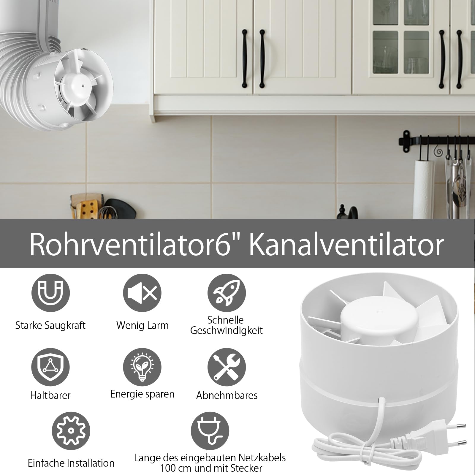 TNSLAND Ventilatore a Tubo per Canale 150 mm, 305 m³/h, Alta Qualità, Silenzioso, Scarico Fumo, per Bagno, WC, Cucina, Serra, Garage