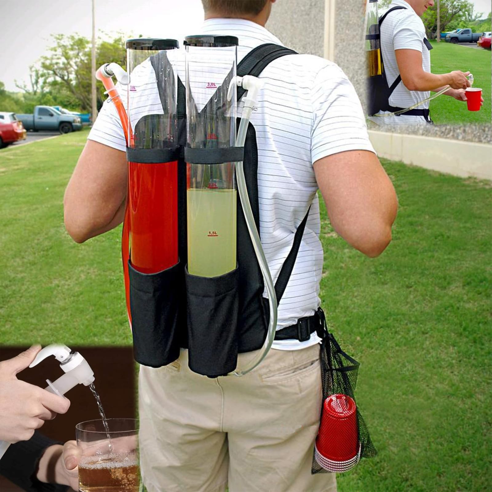 RUJYSLTO Dual Tank Backpack Drink Dispenser,Portable Dual Barrel Beverage Liquid Liquor Beer Backpack Dispenser and 2 Outlets,3+3 Liter,for Bar Party Nightclub Club Outdoor Entertainment,Clear,1pcs