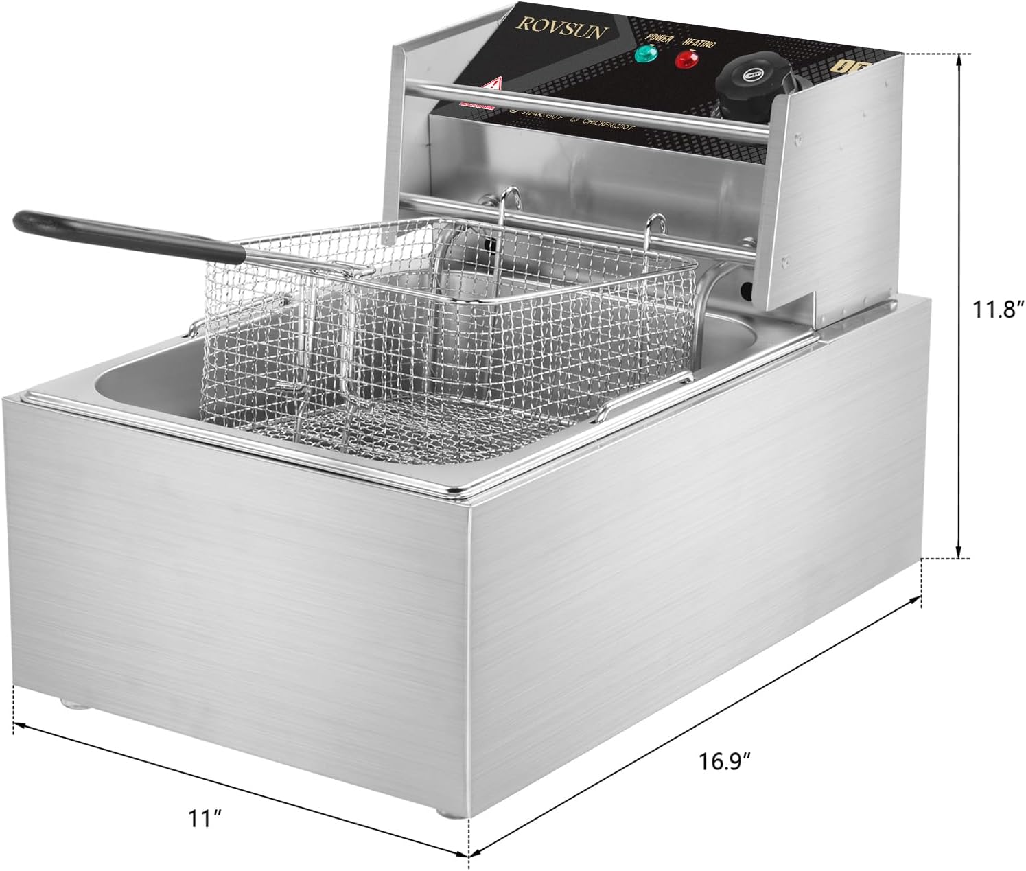 ROVSUN 1700W Commercial Deep Fryer with Basket, 11.4QT/10.8L Stainless Steel Electric Deep Fryer Machine w/Lid and Basket, Fryer with Temperature Control for Both Home and Commercial Kitchens
