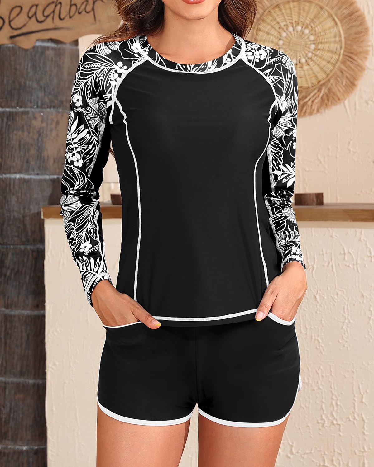 Camiseta de manga larga para mujer, traje de baño de 2 piezas con brasier integrado, camisa de natación y pantalones cortos con bolsillos