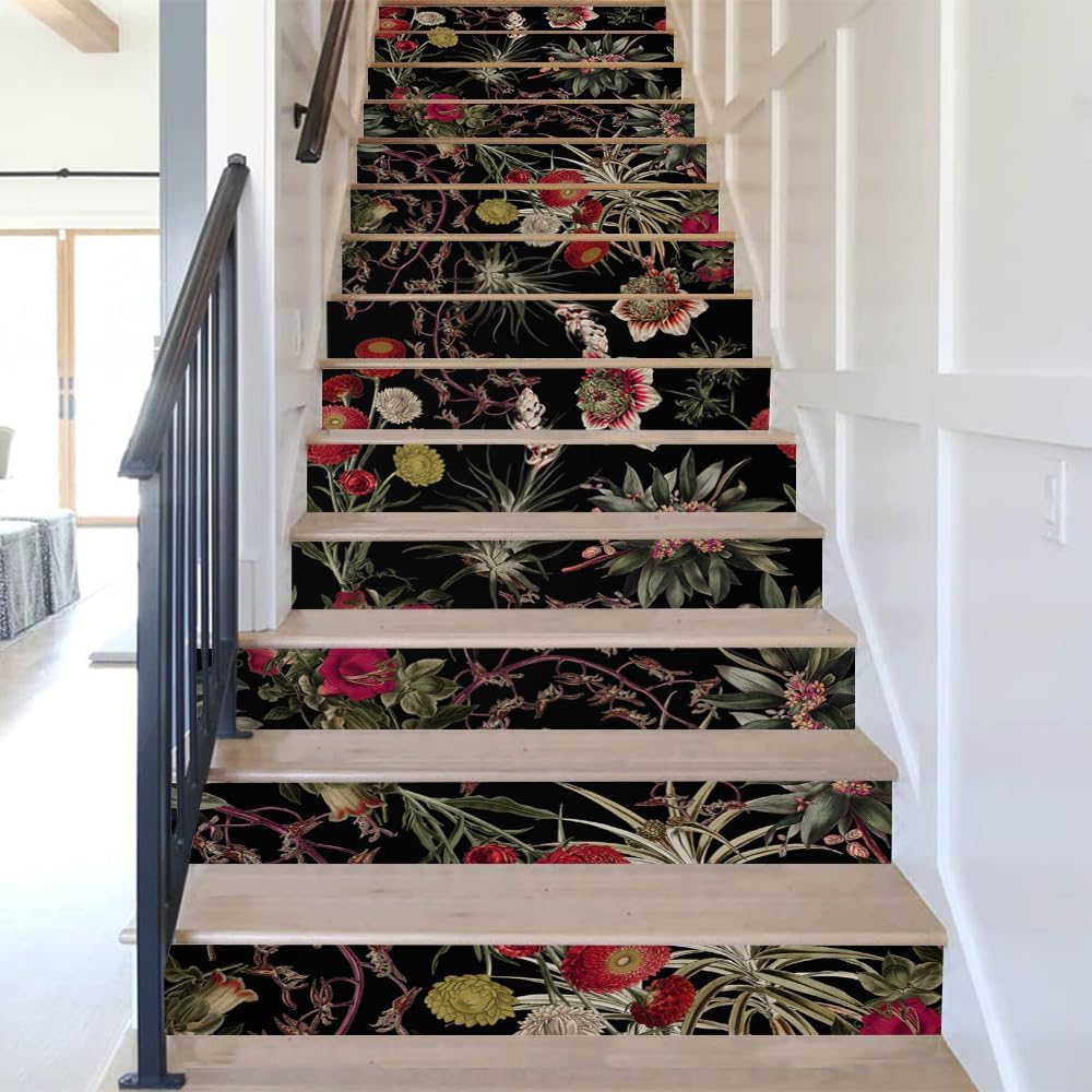 REDAMANCY Black red Flower Vintage Plants Peel and Stick Vinyl Stair Riser Decals Staircase Tile Stair Stickers Abstract Art Decor Modern Marble Decoration Mural Self-Adhesive Wallpaper (14 Pcs)