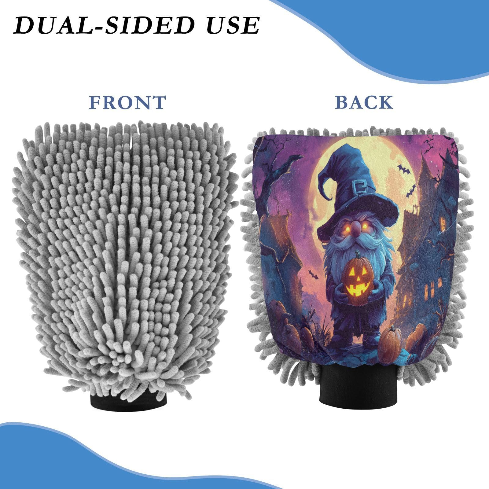 ALAZA Halloween Night Gnome Car Wash Mitt Scratch Free, 2 Pack Absorbent Microfiber/Chenille Washing & Drying Mitts, M