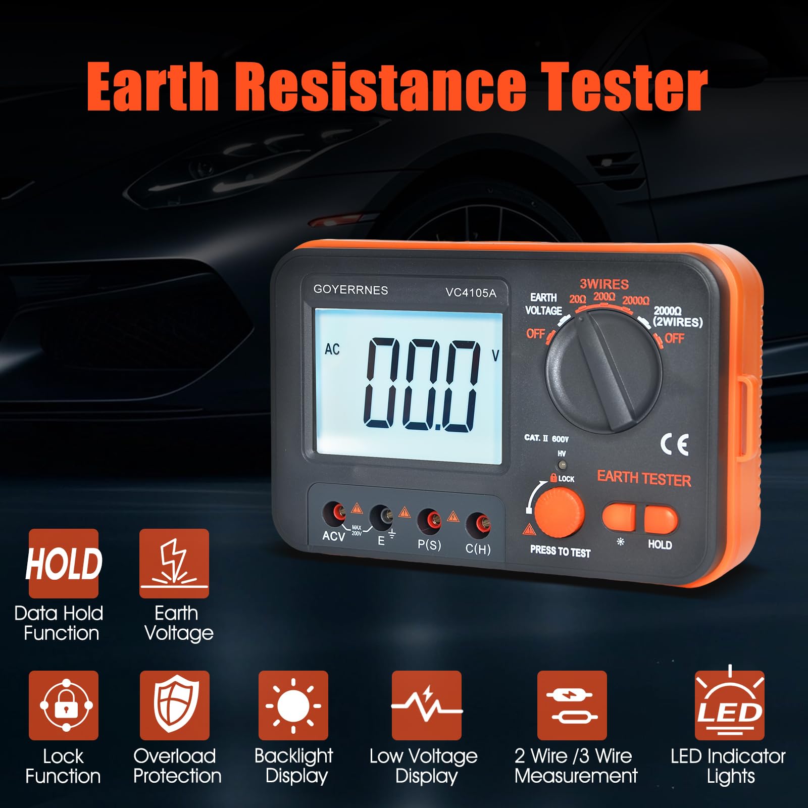 Megohmmetre de Medidor de Tierra y probador de aislamiento Rango de medición 0-1999 Ω Medición de resistencia a tierra y tensión alterna probador de tierra resistencia a tierra con pantalla LCD