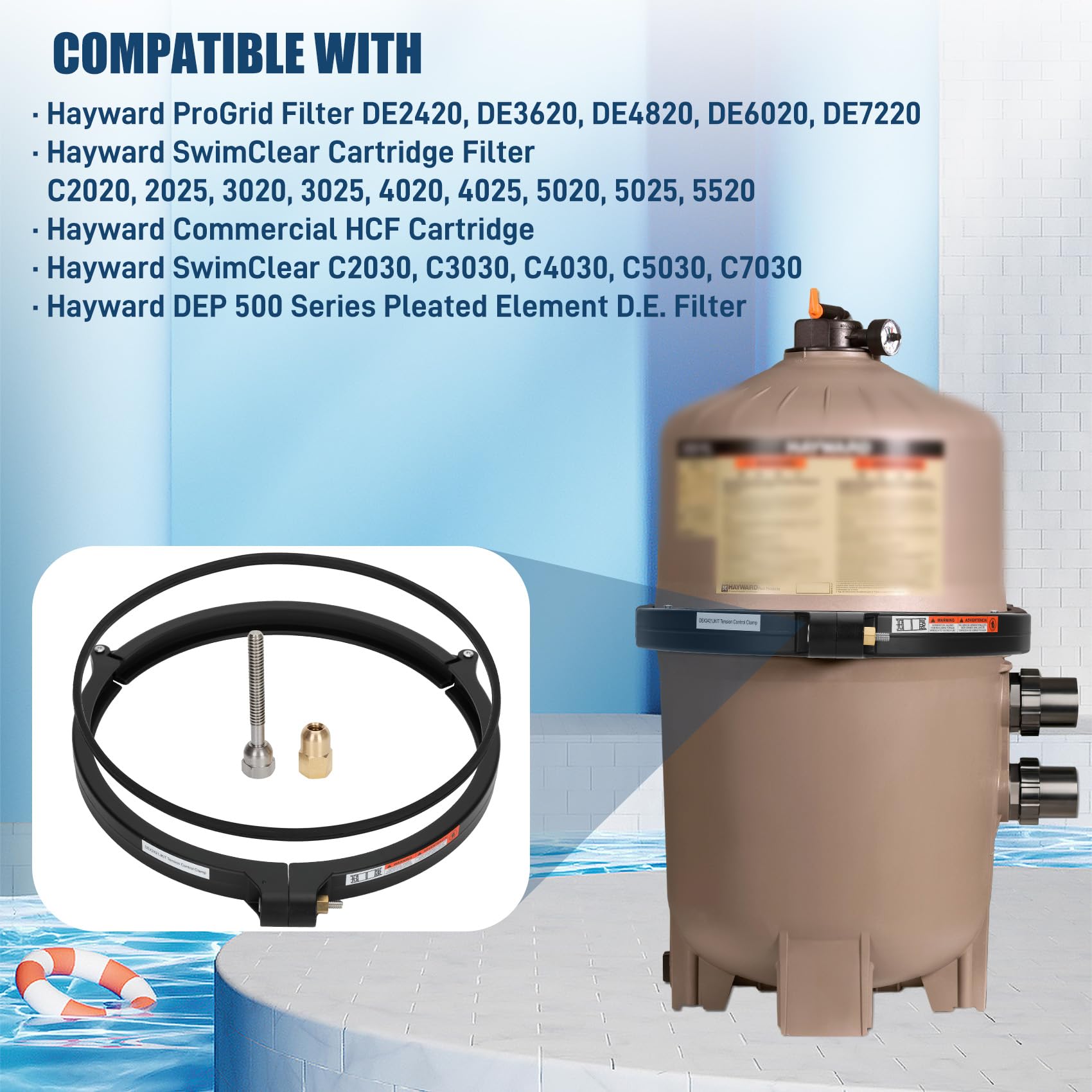 Anrain DEX2421JKIT - Abrazadera de control de tensión compatible con filtros Hayward Swim-Clear y Hayward Pro-Grid, DEX2421JKIT abrazadera de filtro de cartucho con sello de tanque