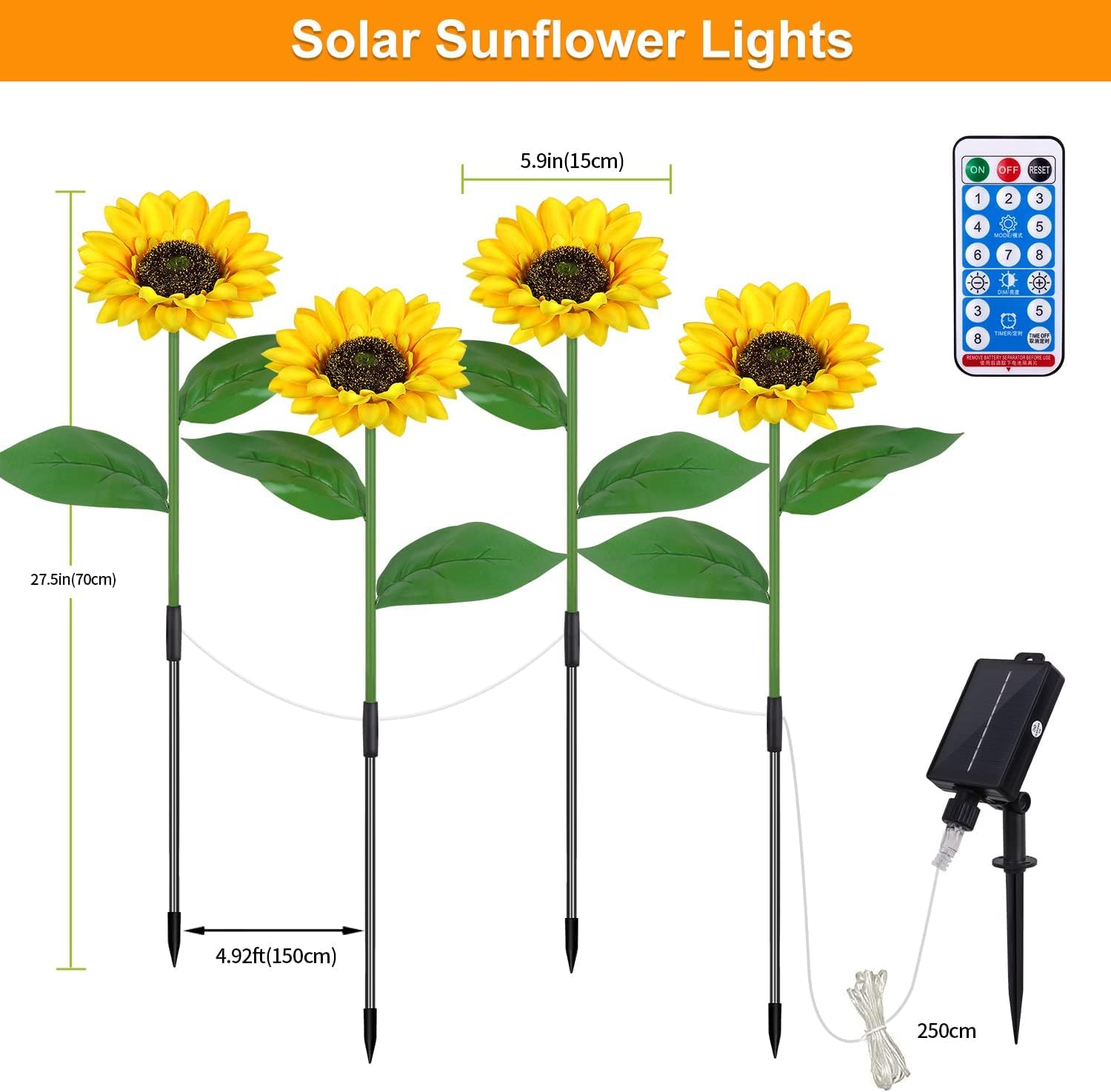 Luci solari da giardino per esterni e interni, confezione da 4 luci a girasole con telecomando, 8 modalità, decorazione per casa, giardino, regalo per mamma, donne, nonna, compleanno, patio, cortile