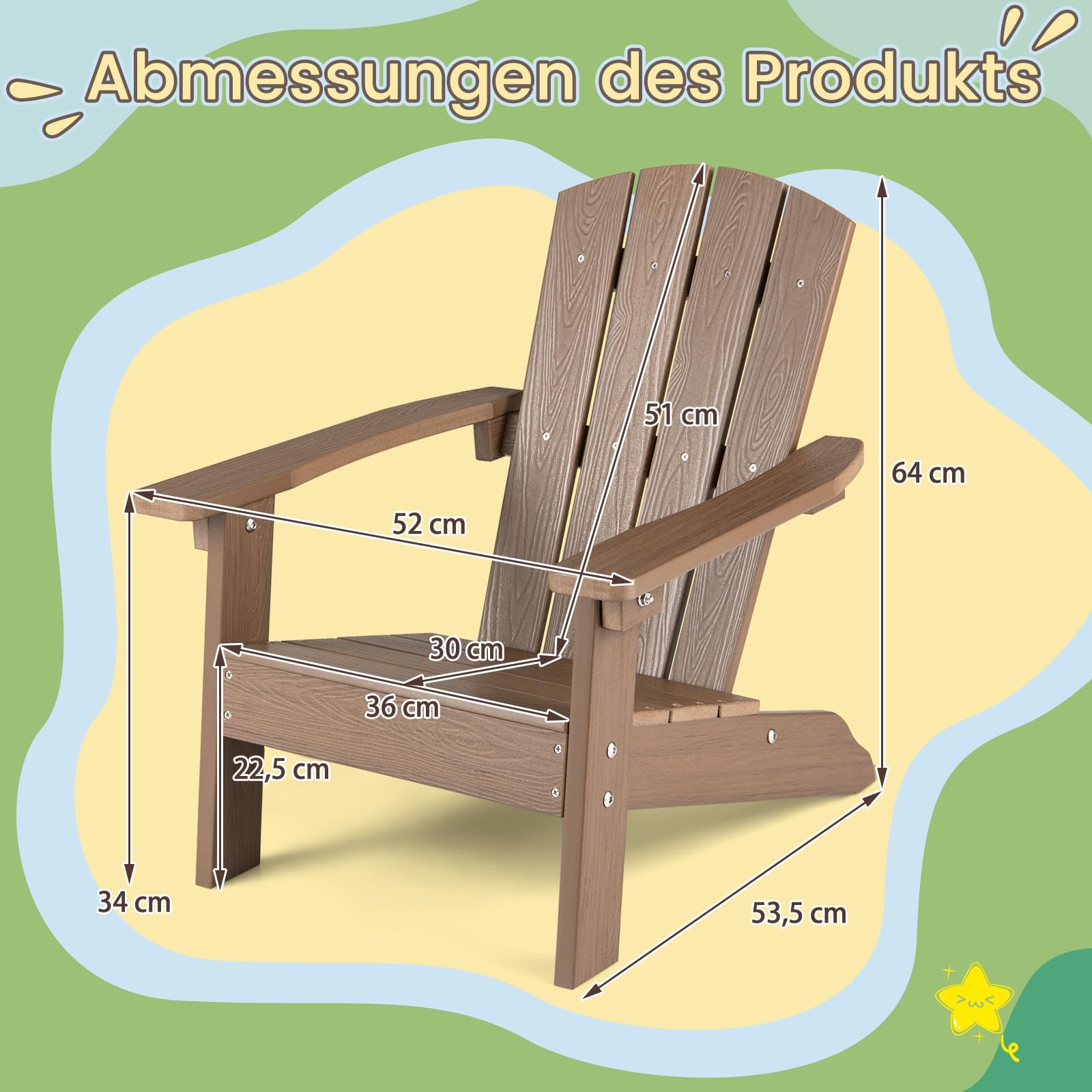 COSTWAY Adirondack Stuhl Kinder, Adirondack Chair wetterfest aus HIPS, Gartenstuhl mit ergonomischer Rückenlehne & Armlehnen, Outdoor-Stuhl für Jungen & Mädchen ab 3 Jahren (Braun)