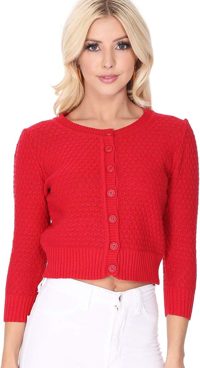 YEMAK Women's Cropped Cardigan Sweater – 3/4 Sleeve Crewneck Basic Classic Casual Button Down Soft Crochet Knit Top (S-3XL) - Image 2