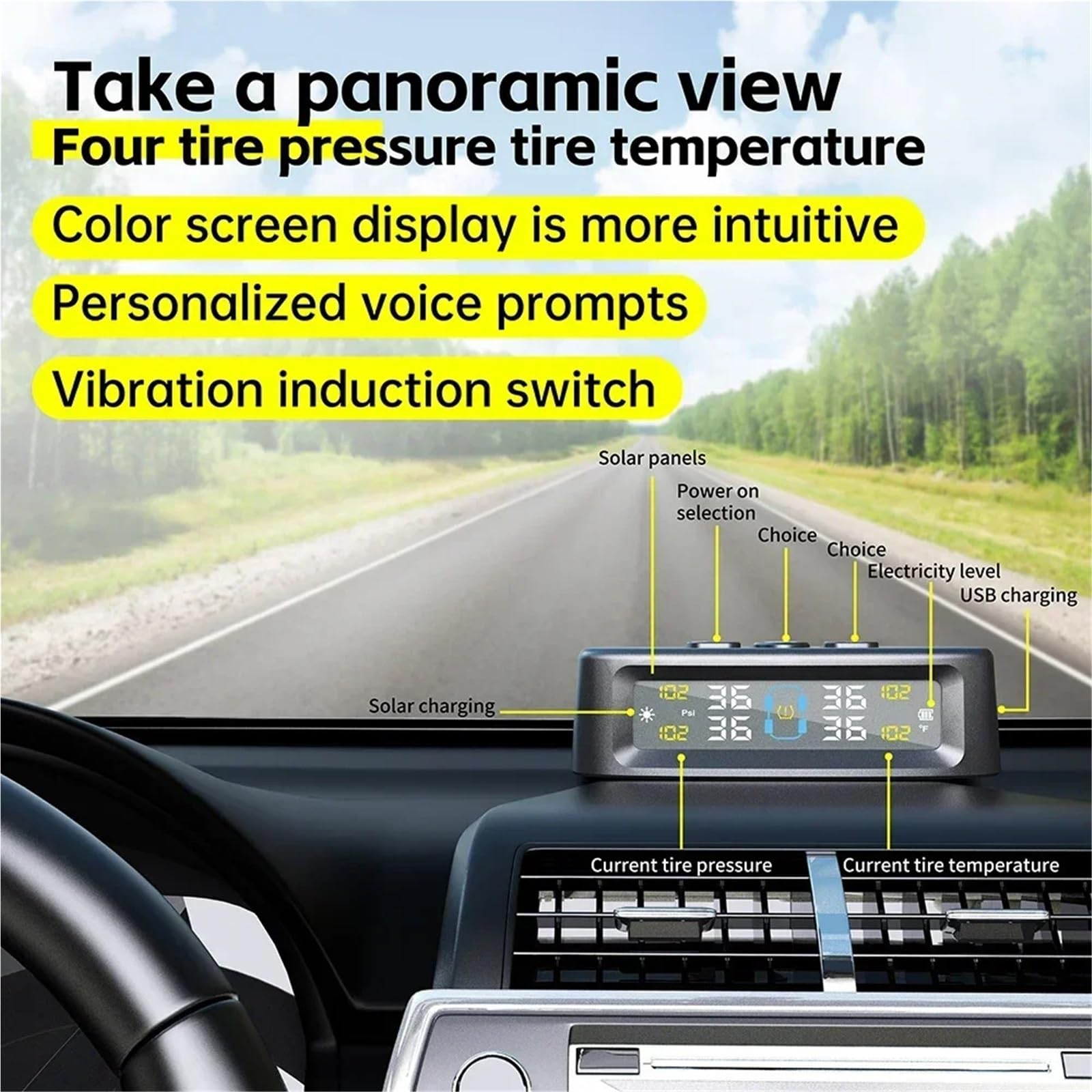 Allarme per Auto di Sensori Sistema di Monitoraggio della Pressione dei Pneumatici TPMS | Sistema di allarme di sicurezza per auto Wireless solare e alimentato tramite USB 4 sensori(Built-in)
