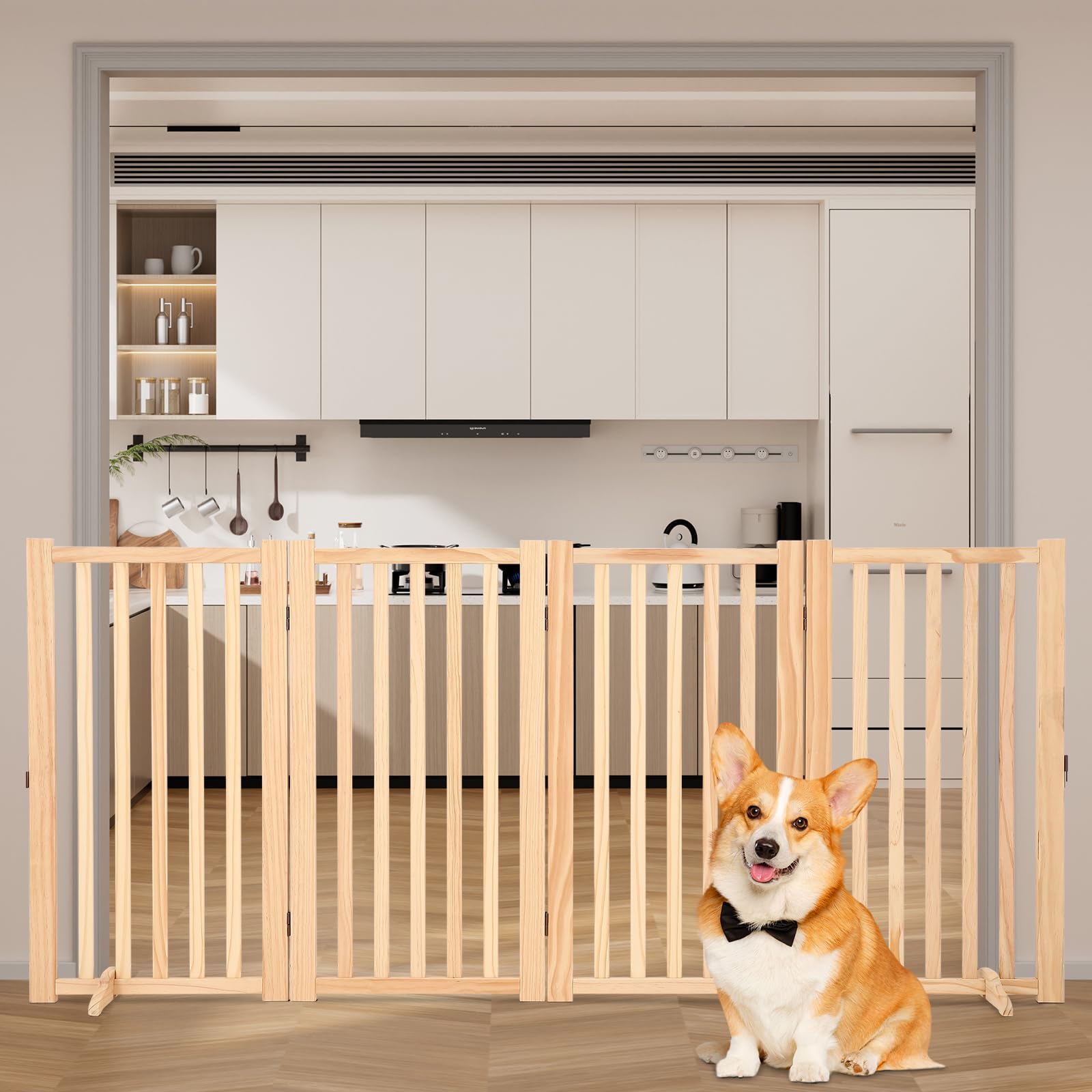 Cachpib Freestanding Dog Gates and Barriers Indoor Pet Gates for Doorways and Stairs, 4 Panels Pet Fence Foldable Adjustable Safety Fence, 203x91Cm