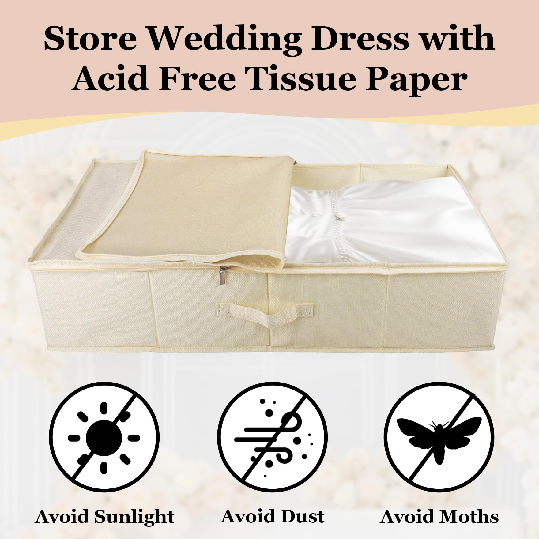 Klmnop Aufbewahrungsbox für Hochzeitskleid, große Aufbewahrungsbox, mit 40 säurefreiem Seidenpapier und 1 Paar Mikrofaser-Handschuhen zur Aufbewahrung von Hochzeitskleidern (Beige)